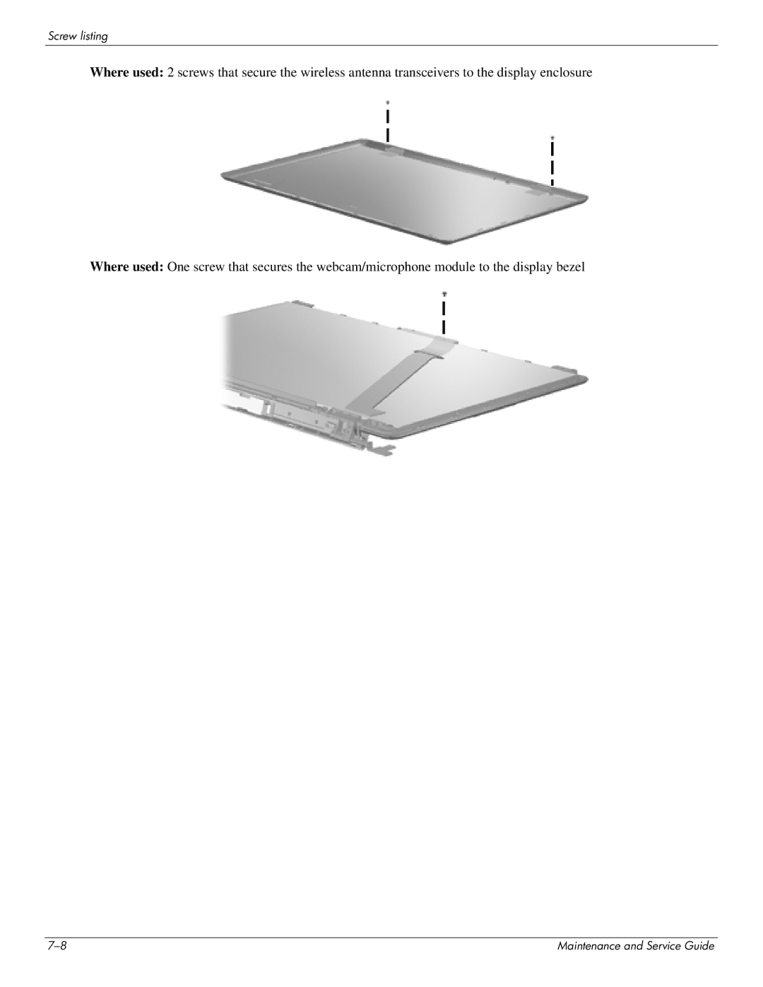 HP DV8 manual Screw listing 