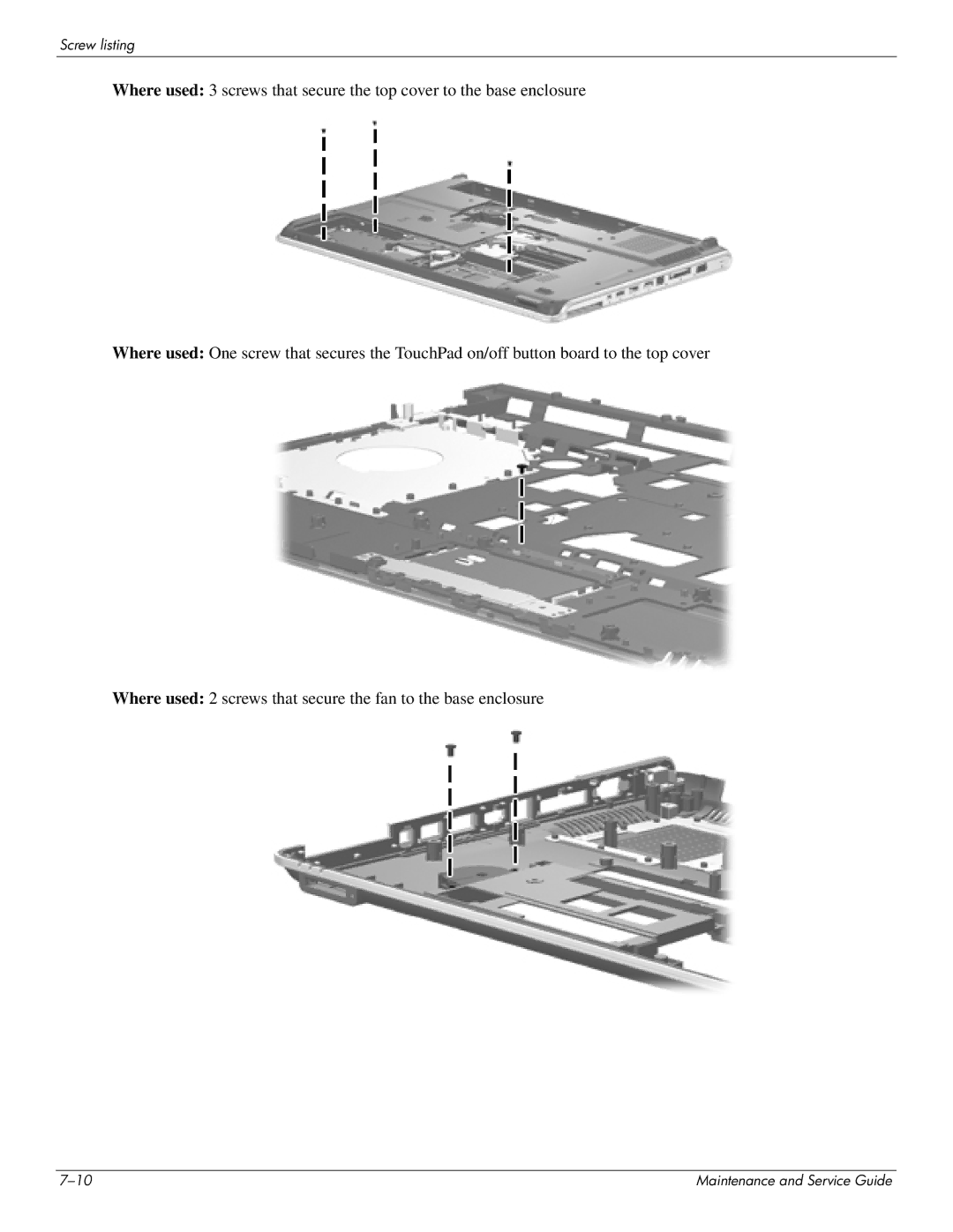 HP DV8 manual Screw listing 