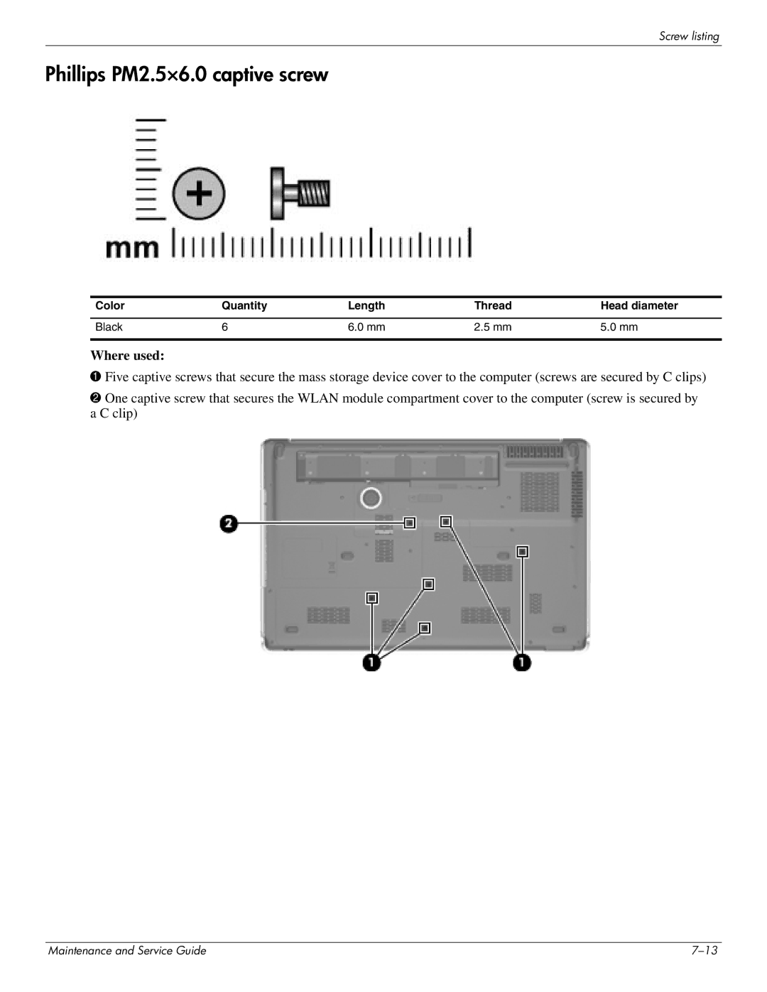 HP DV8 manual Phillips PM2.5×6.0 captive screw 