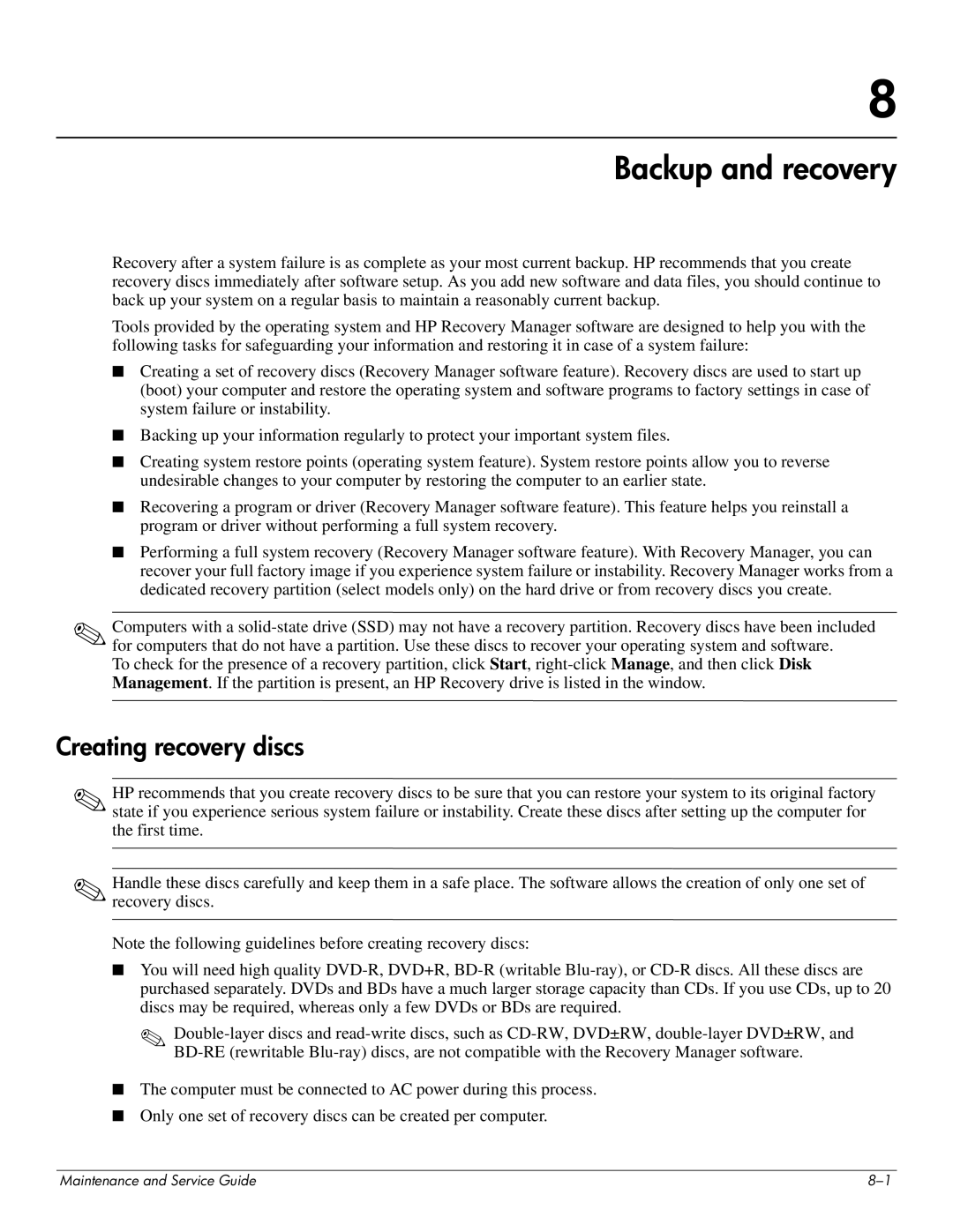 HP DV8 manual Backup and recovery, Creating recovery discs 