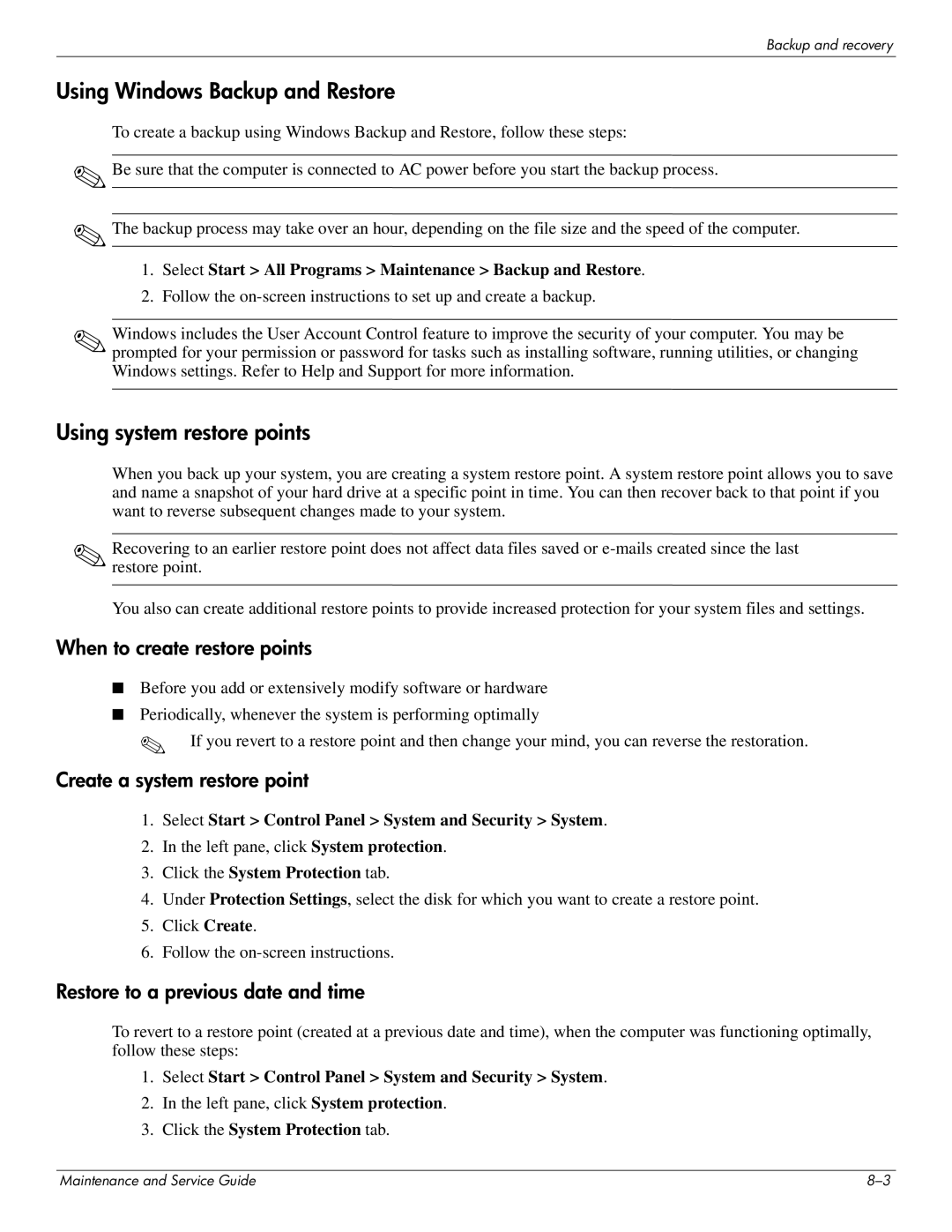 HP DV8 manual Using Windows Backup and Restore, Using system restore points 