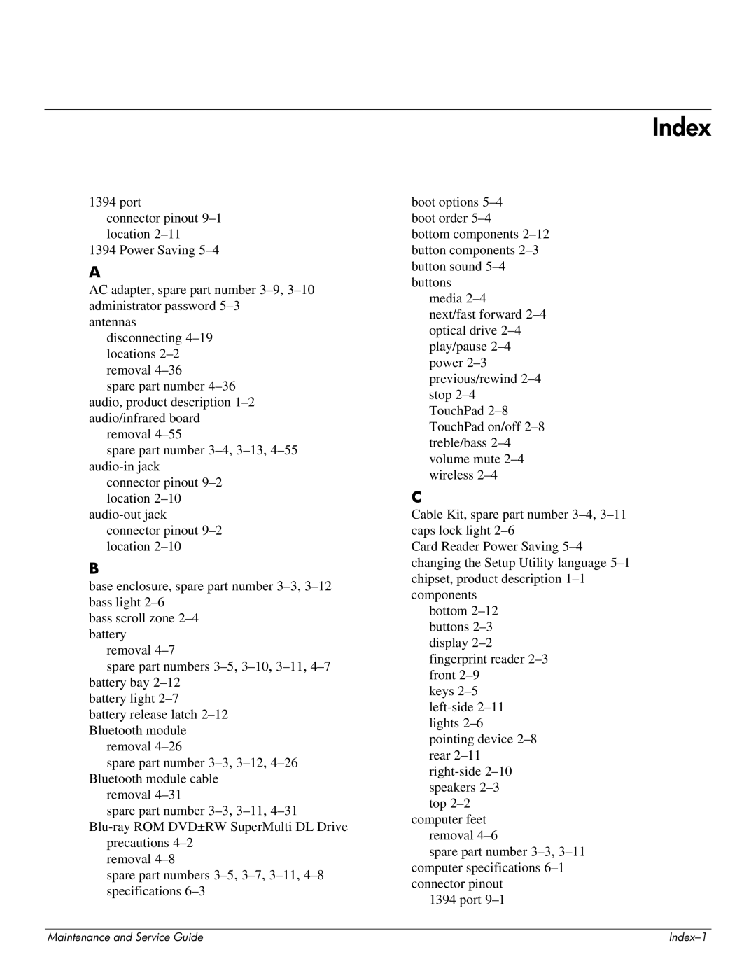 HP DV8 manual Index 