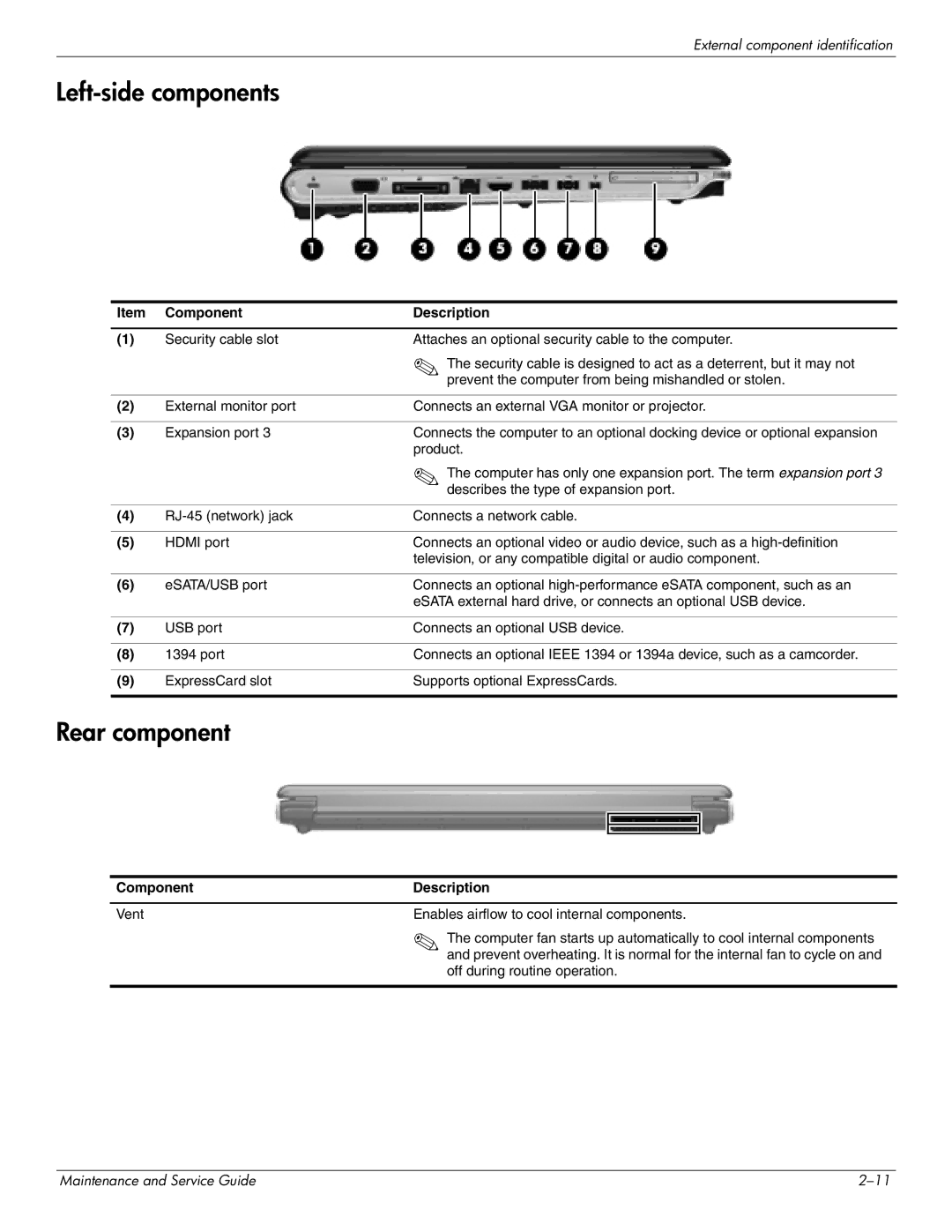 HP DV8 manual Left-side components, Rear component 