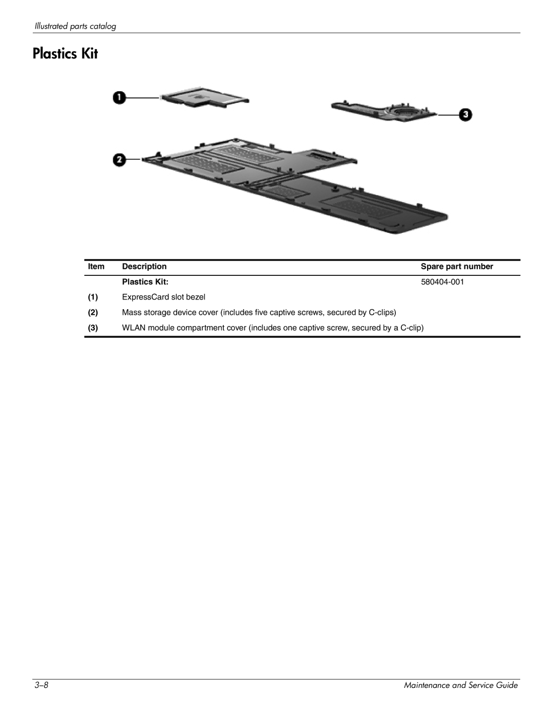 HP DV8 manual Description Spare part number Plastics Kit 580404-001 