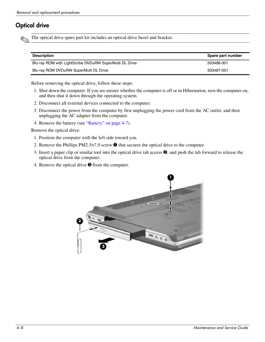 HP DV8 manual Optical drive 