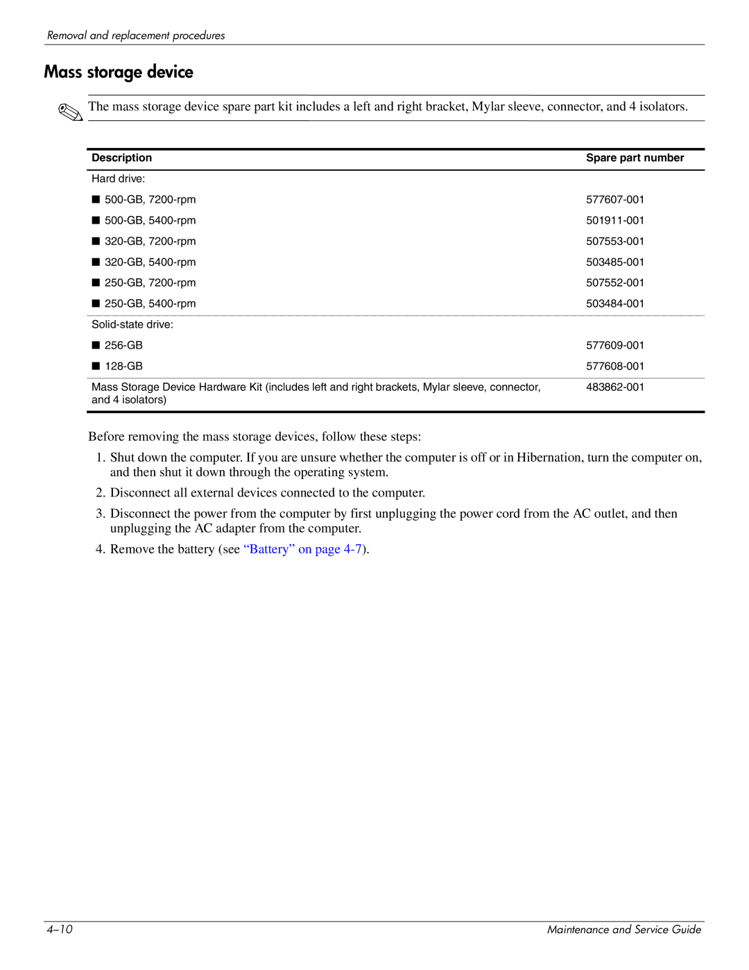 HP DV8 manual Mass storage device 