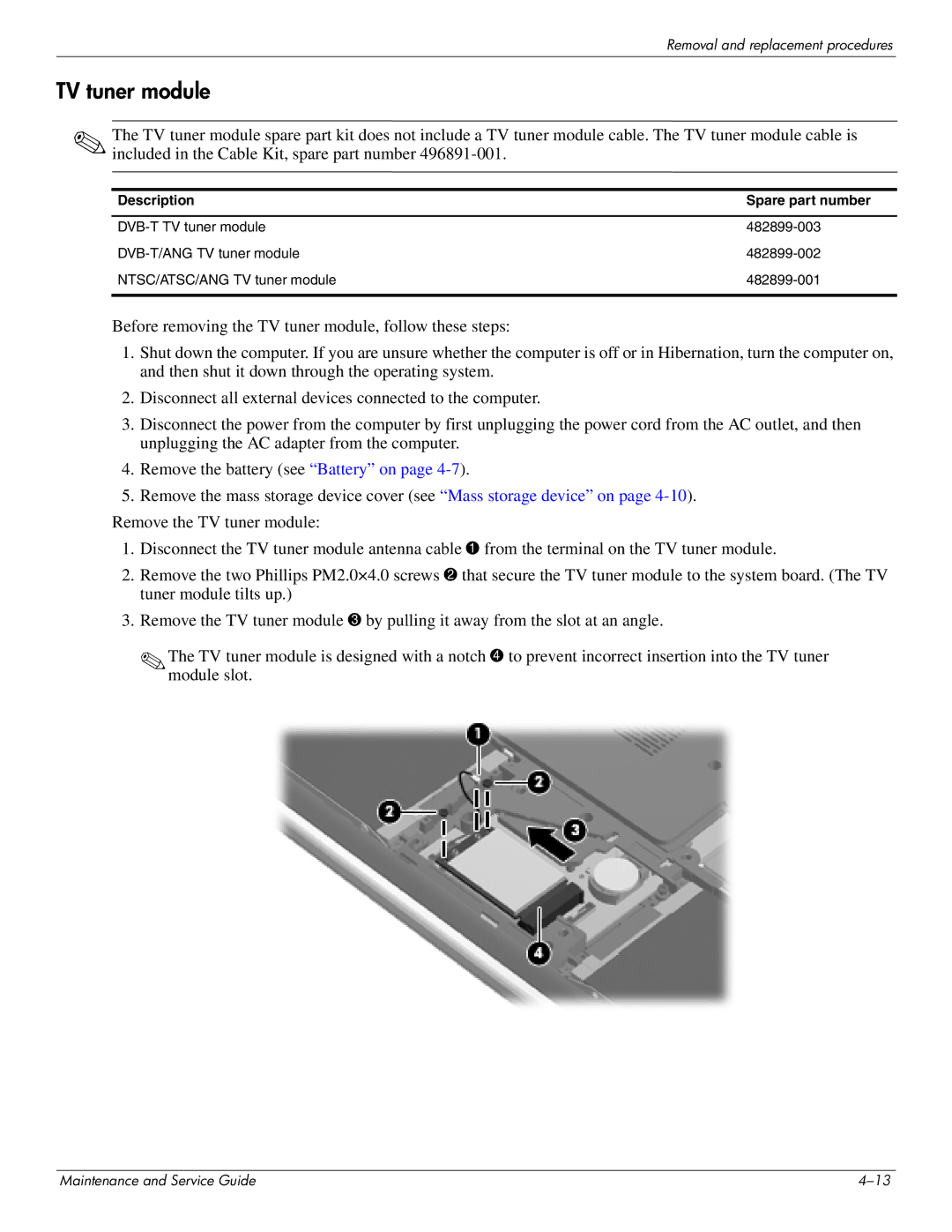 HP DV8 manual TV tuner module, Description Spare part number 