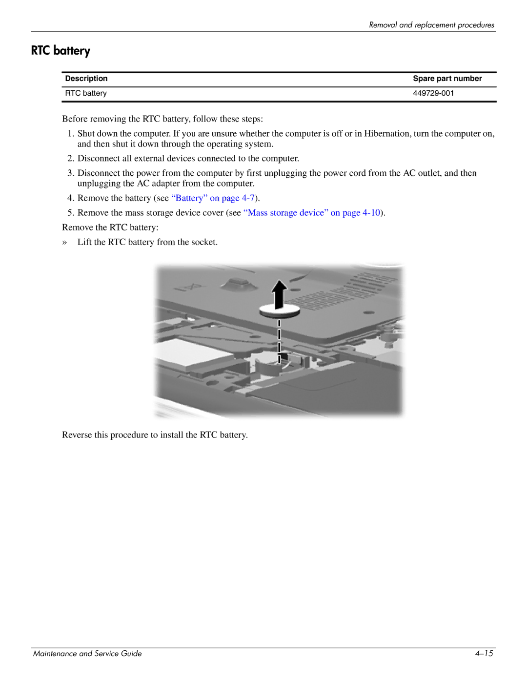 HP DV8 manual Description Spare part number RTC battery 449729-001 