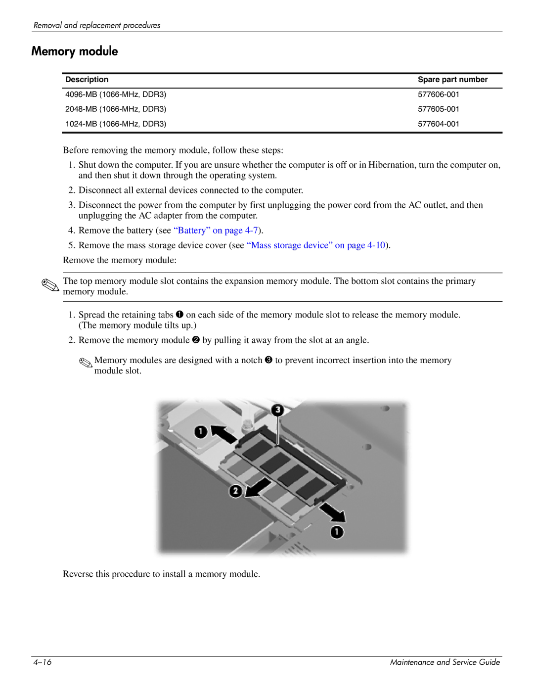 HP DV8 manual Memory module, Description Spare part number 