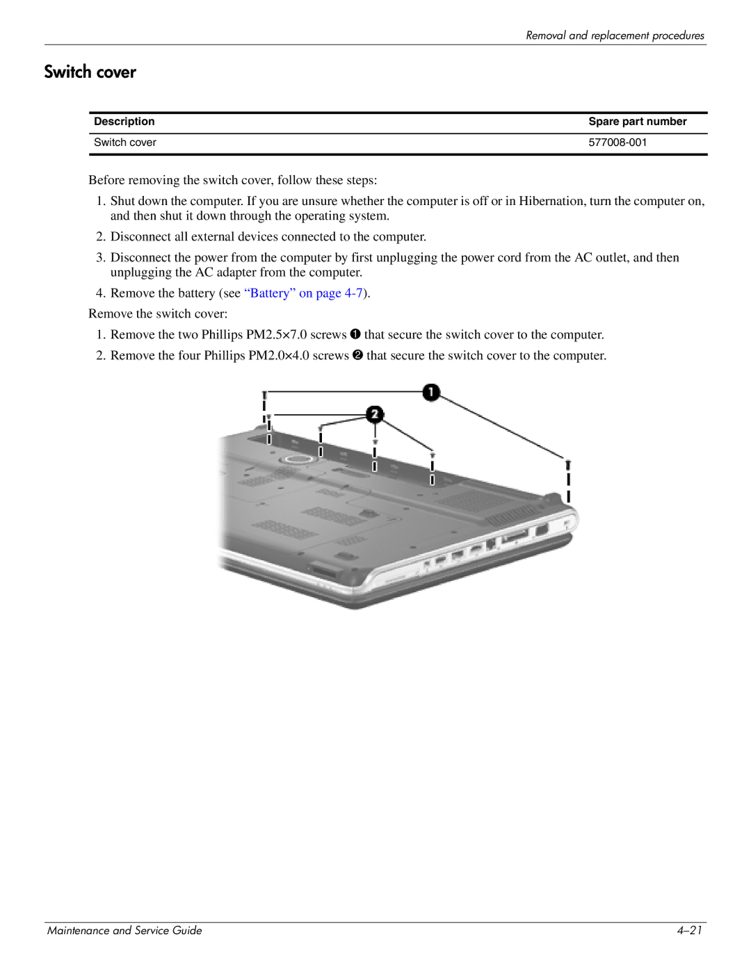 HP DV8 manual Description Spare part number Switch cover 577008-001 