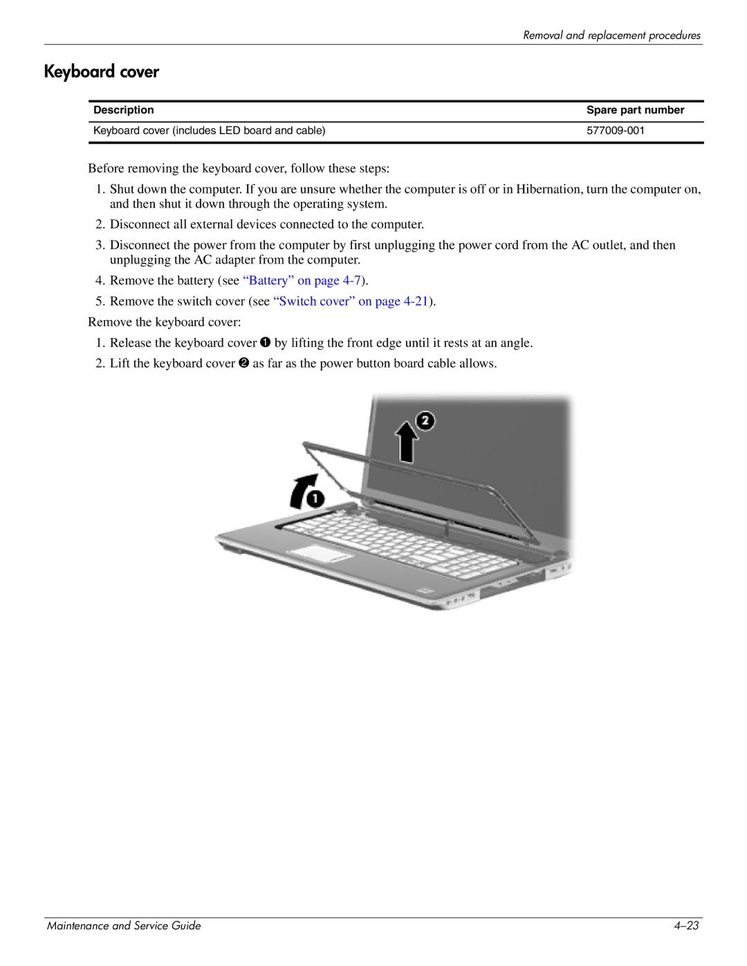 HP DV8 manual Keyboard cover 