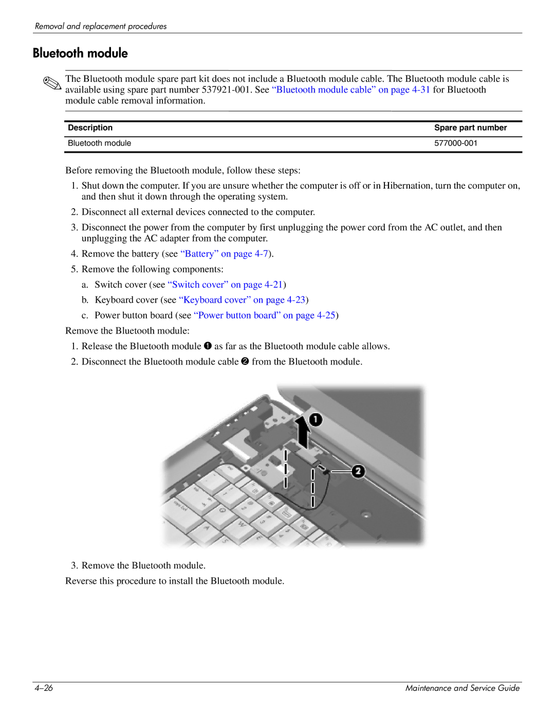 HP DV8 manual Description Spare part number Bluetooth module 577000-001 