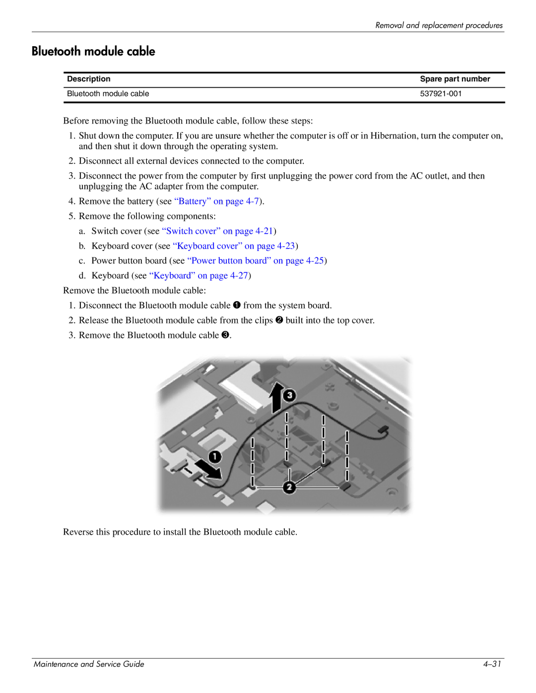 HP DV8 manual Bluetooth module cable 