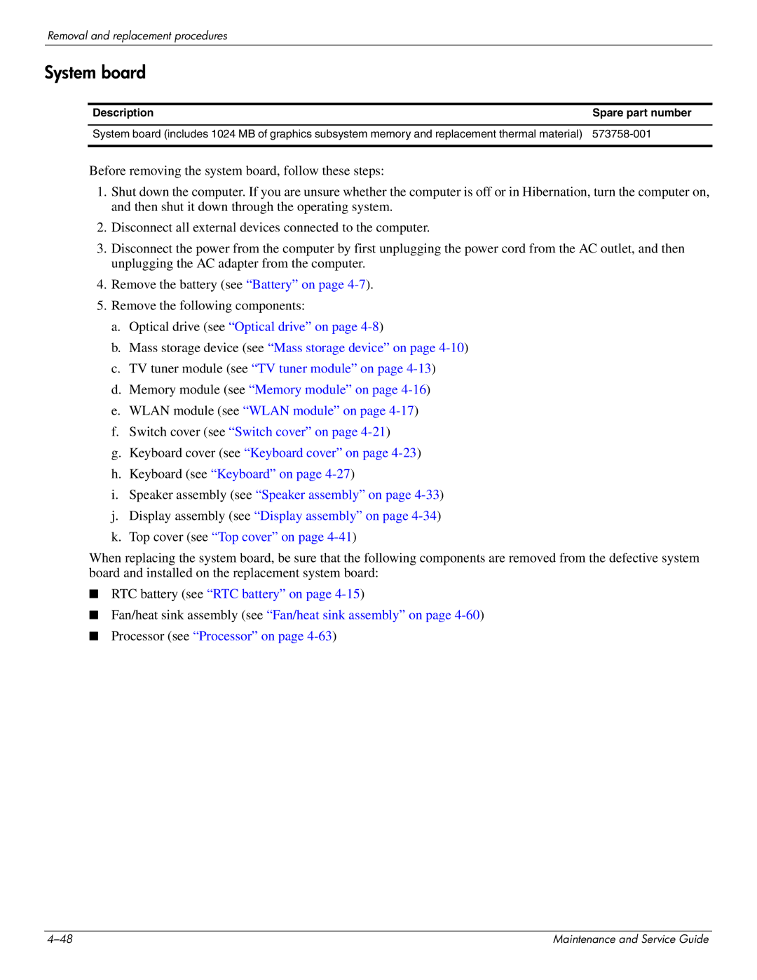 HP DV8 manual System board, Description Spare part number 