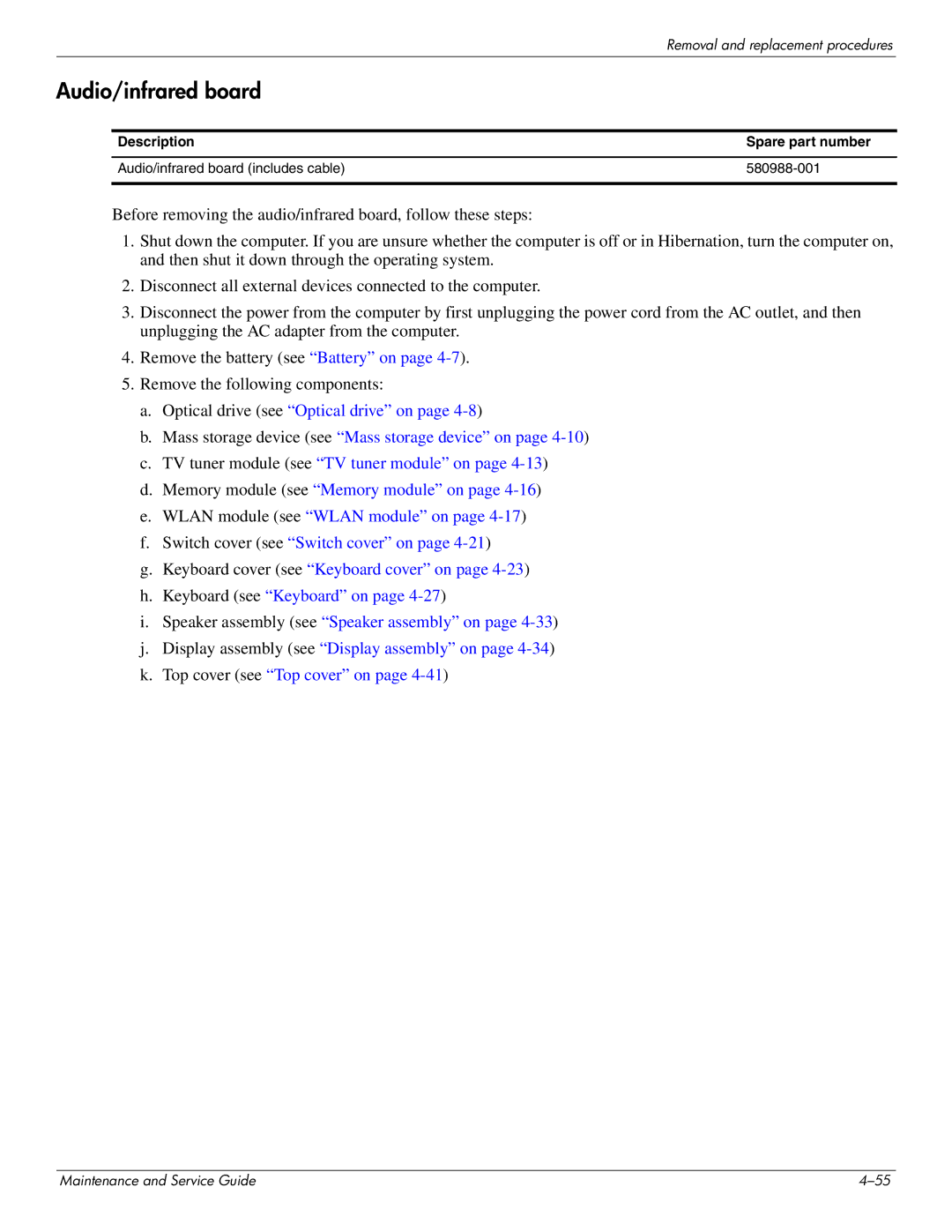 HP DV8 manual Audio/infrared board 