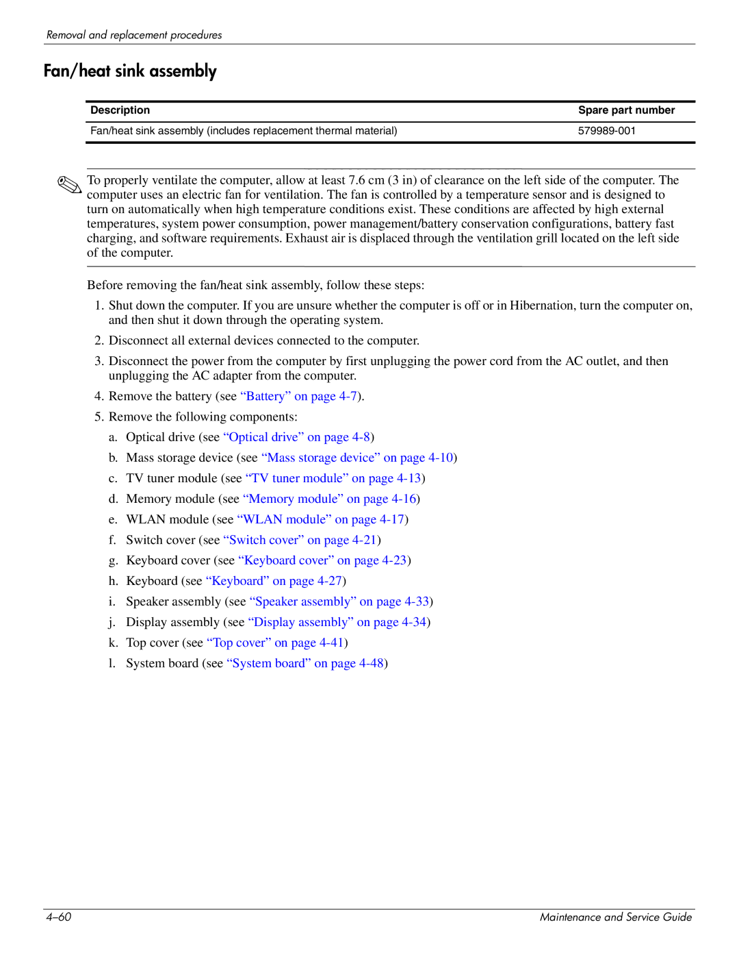 HP DV8 manual Fan/heat sink assembly 