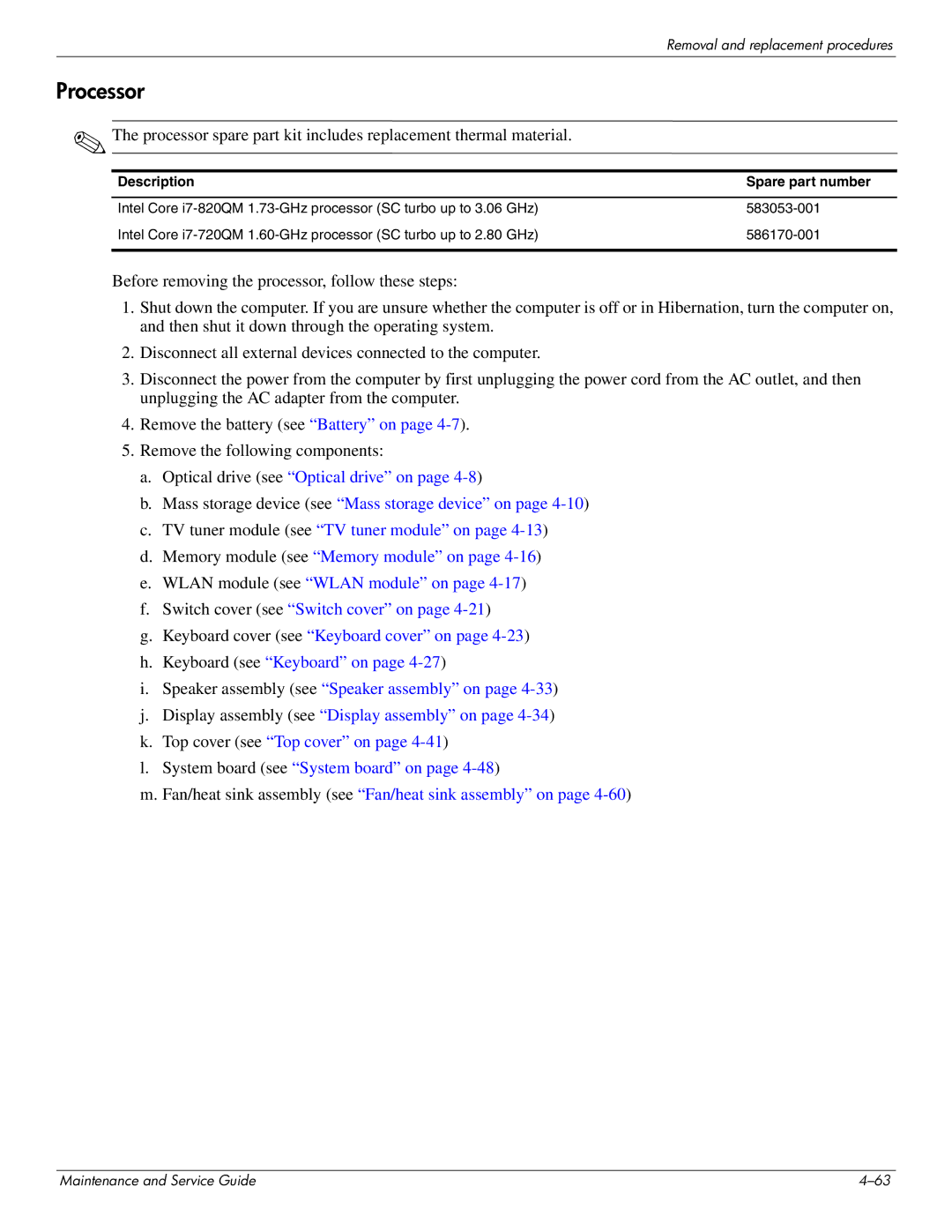 HP DV8 manual Processor, Description Spare part number 