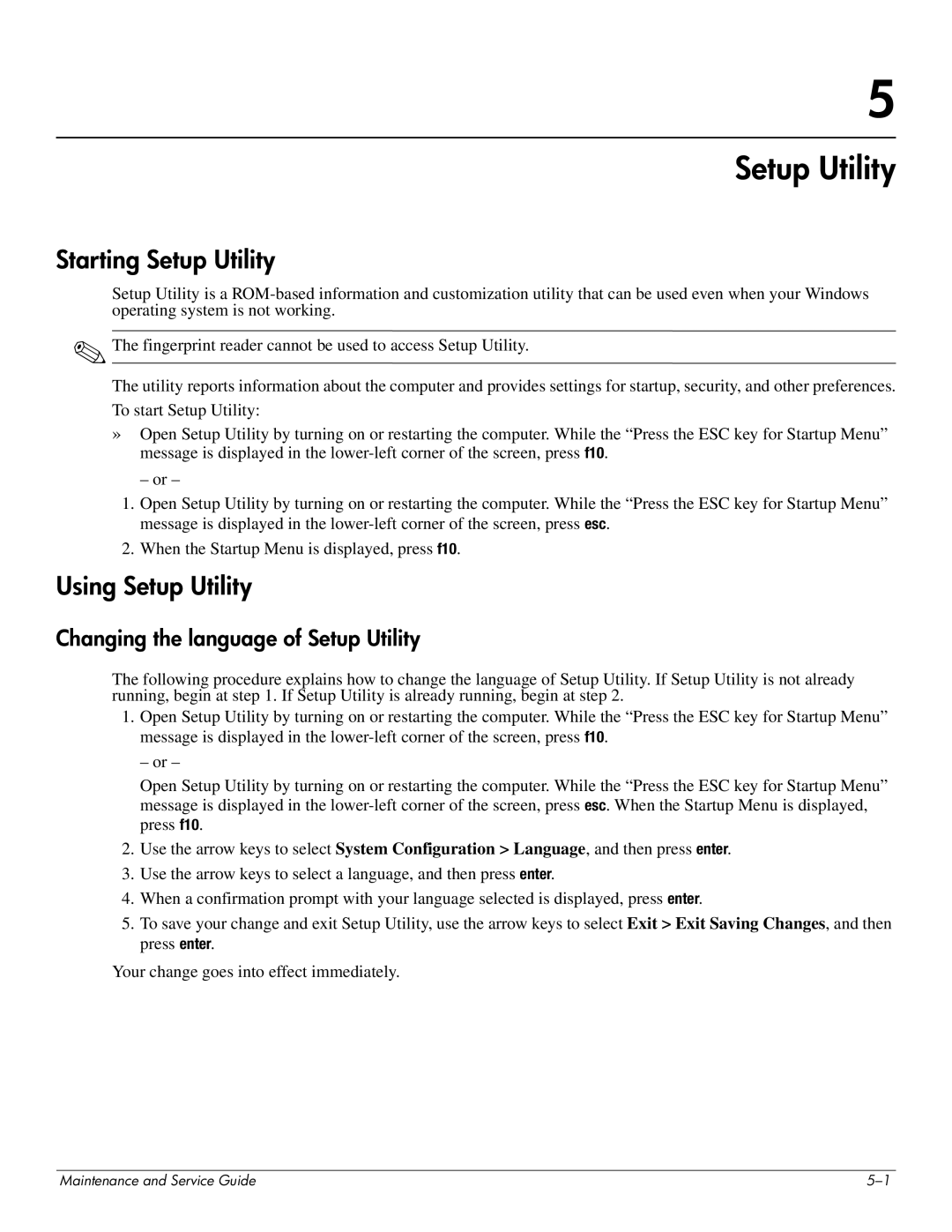 HP DV8 manual Starting Setup Utility, Using Setup Utility, Changing the language of Setup Utility 