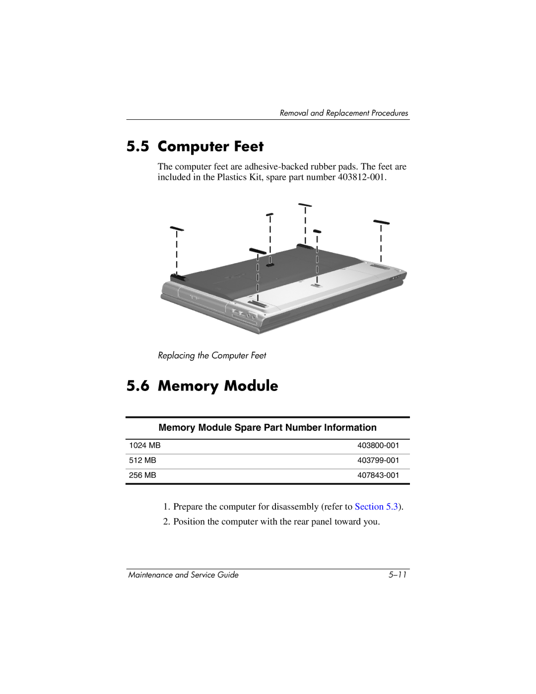 HP DV8200, DV8000 manual Computer Feet, Memory Module Spare Part Number Information 