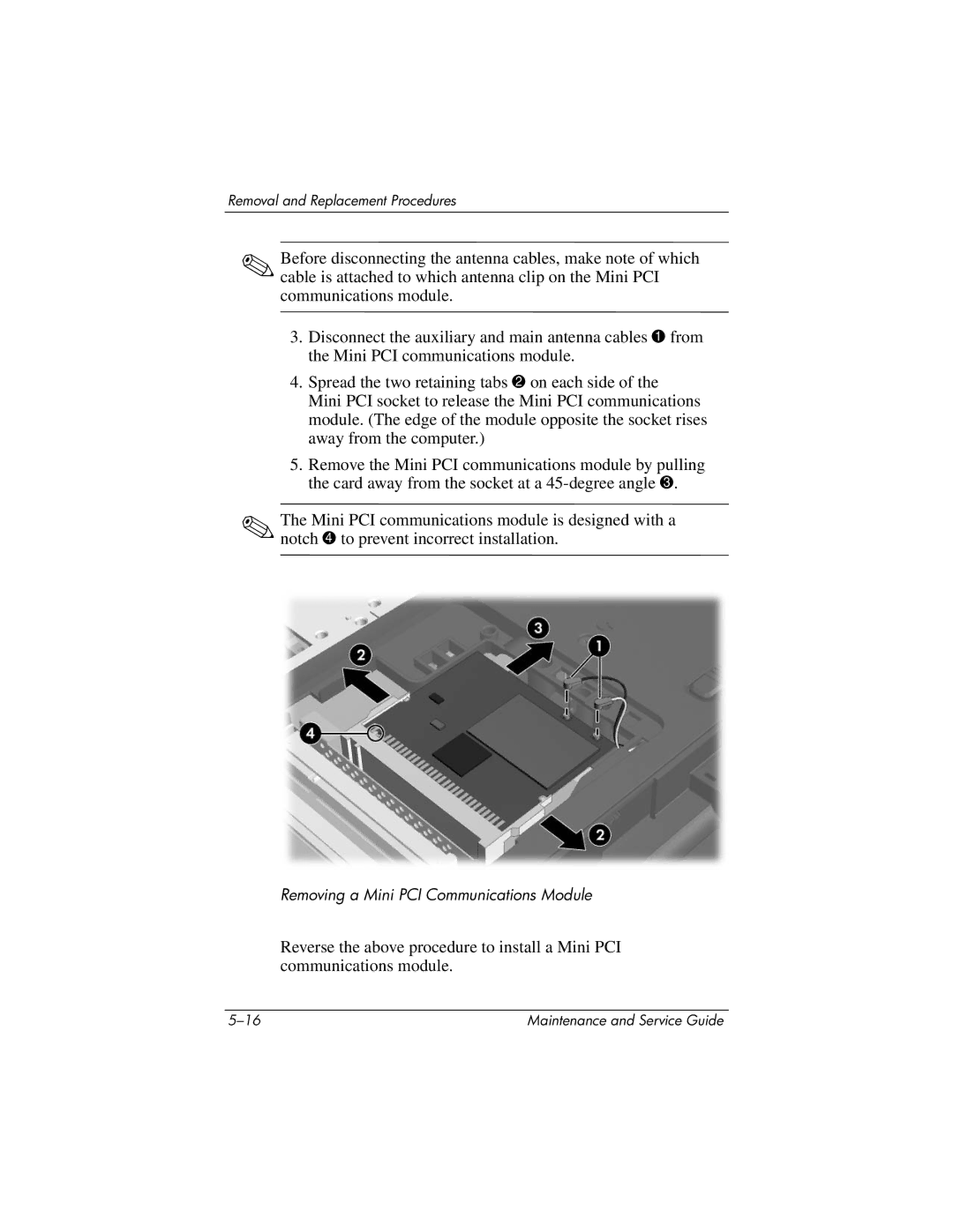 HP DV8000, DV8200 manual Removing a Mini PCI Communications Module 