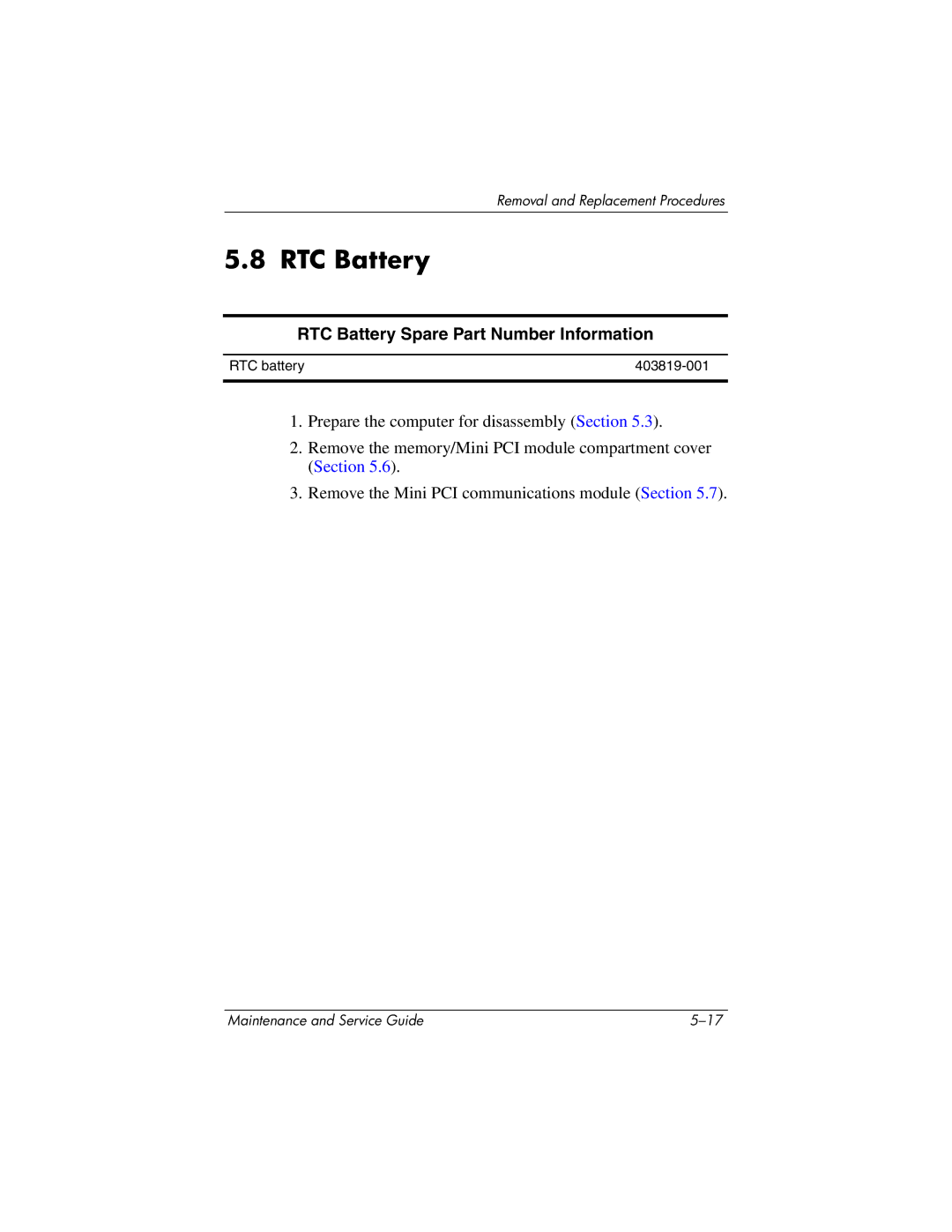 HP DV8200, DV8000 manual RTC Battery Spare Part Number Information 