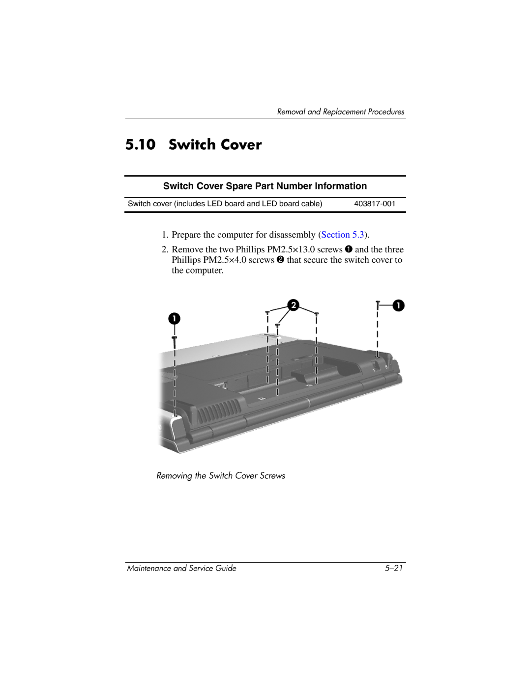 HP DV8200, DV8000 manual Switch Cover Spare Part Number Information 