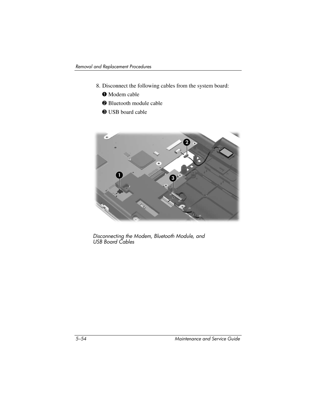 HP DV8000, DV8200 manual Disconnecting the Modem, Bluetooth Module, USB Board Cables 