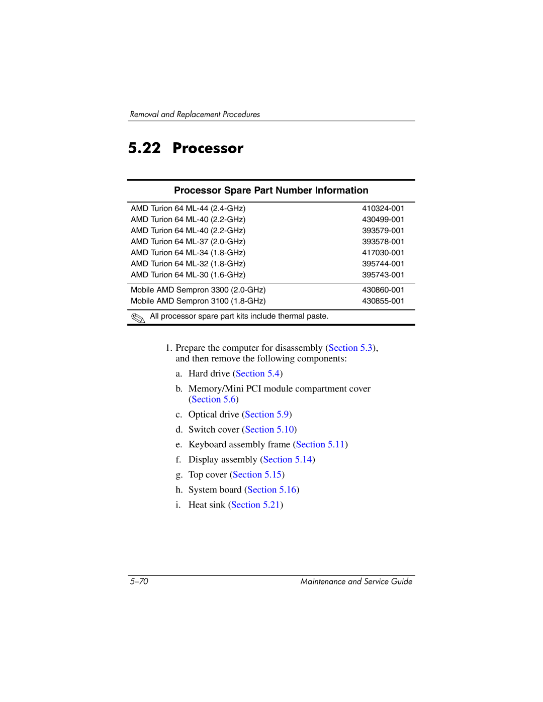 HP DV8000, DV8200 manual Processor Spare Part Number Information 