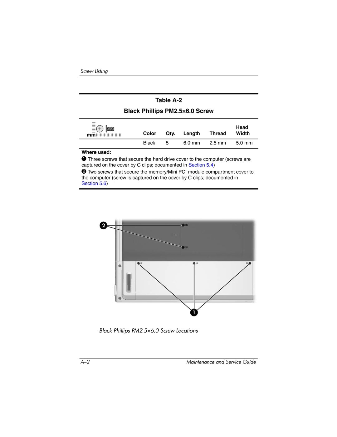 HP DV8000, DV8200 manual Table A-2 Black Phillips PM2.5×6.0 Screw 