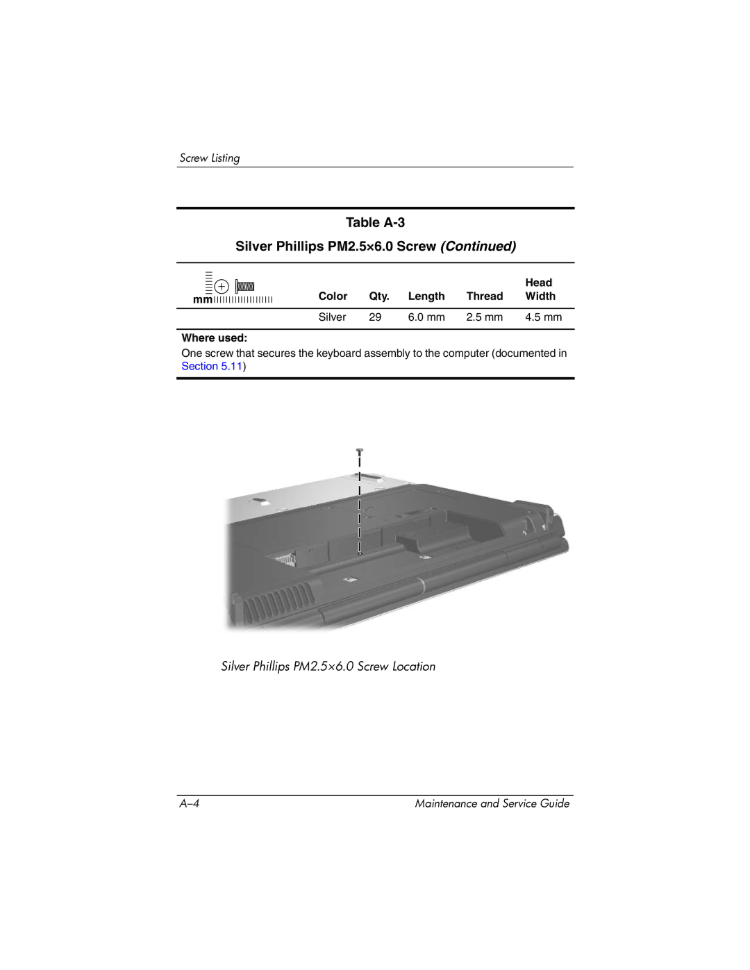 HP DV8000, DV8200 manual Silver Phillips PM2.5×6.0 Screw Location 