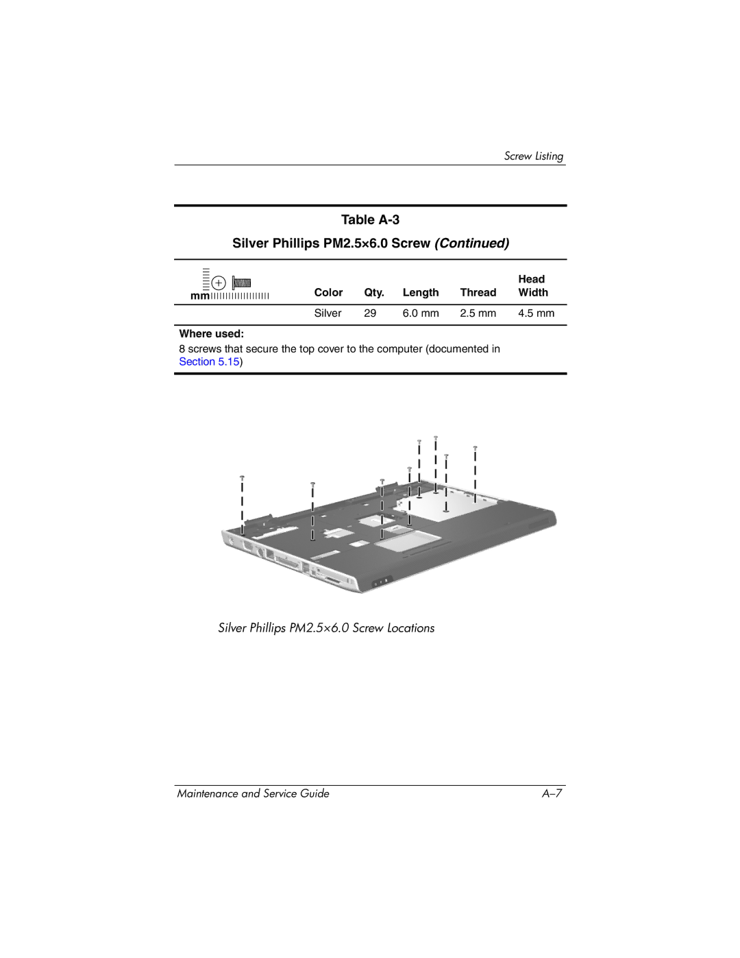 HP DV8200, DV8000 manual Table A-3 Silver Phillips PM2.5×6.0 Screw 