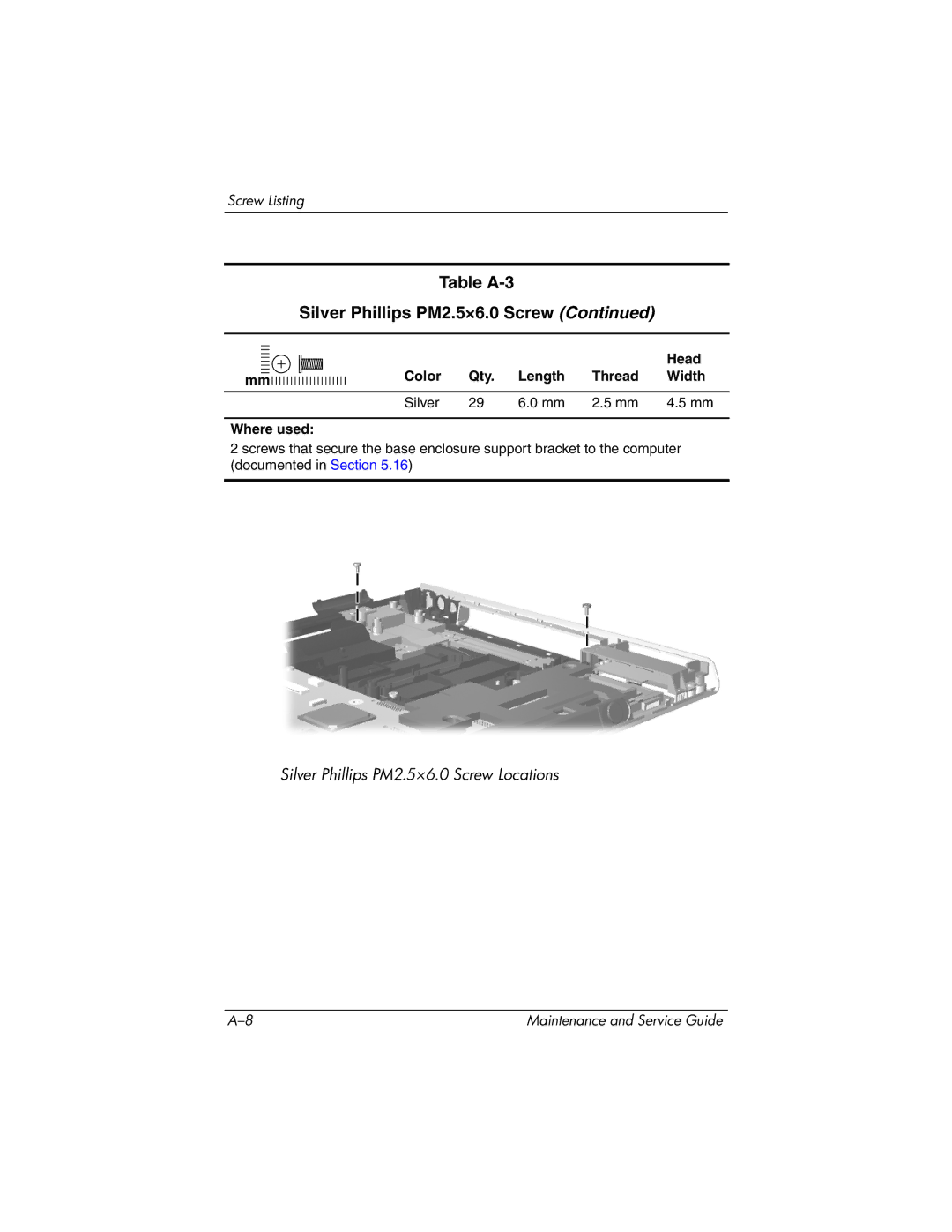 HP DV8000, DV8200 manual Table A-3 Silver Phillips PM2.5×6.0 Screw 