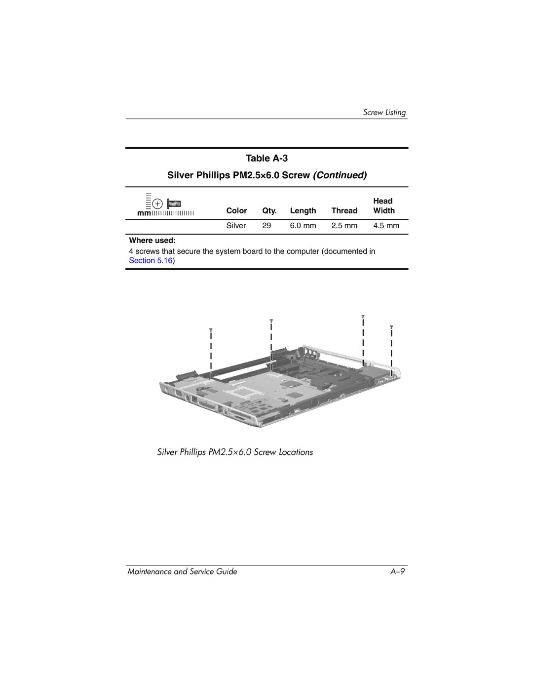 HP DV8200, DV8000 manual Table A-3 Silver Phillips PM2.5×6.0 Screw 