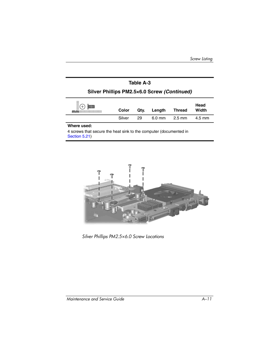 HP DV8200, DV8000 manual Table A-3 Silver Phillips PM2.5×6.0 Screw 