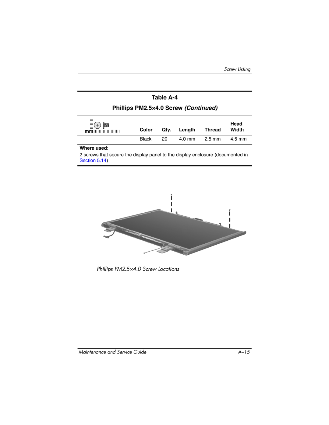 HP DV8200, DV8000 manual Table A-4 Phillips PM2.5×4.0 Screw 