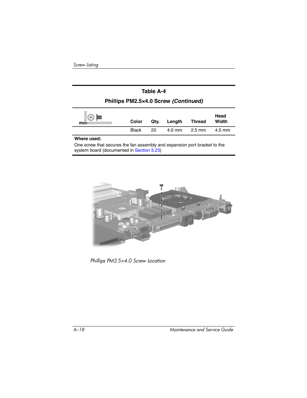 HP DV8000, DV8200 manual Table A-4 Phillips PM2.5×4.0 Screw 