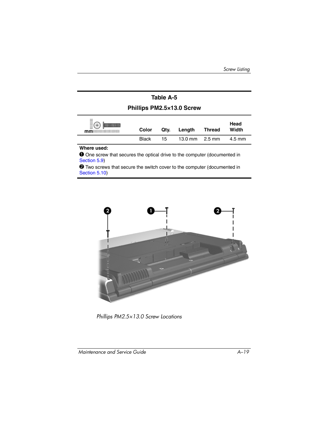 HP DV8200, DV8000 manual Table A-5 Phillips PM2.5×13.0 Screw, Color Qty Length Thread Width Black 13.0 mm Where used 