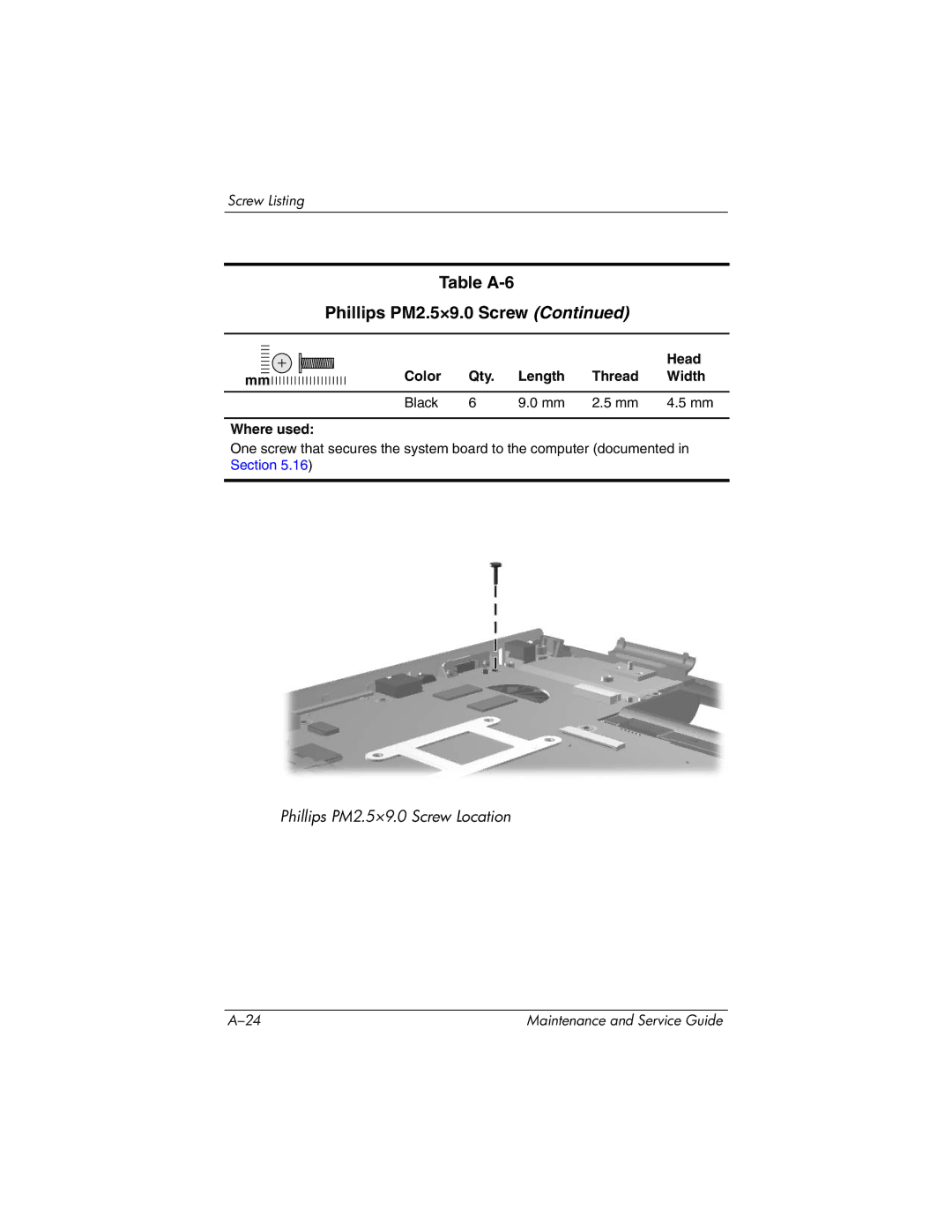 HP DV8000, DV8200 manual Phillips PM2.5×9.0 Screw Location 