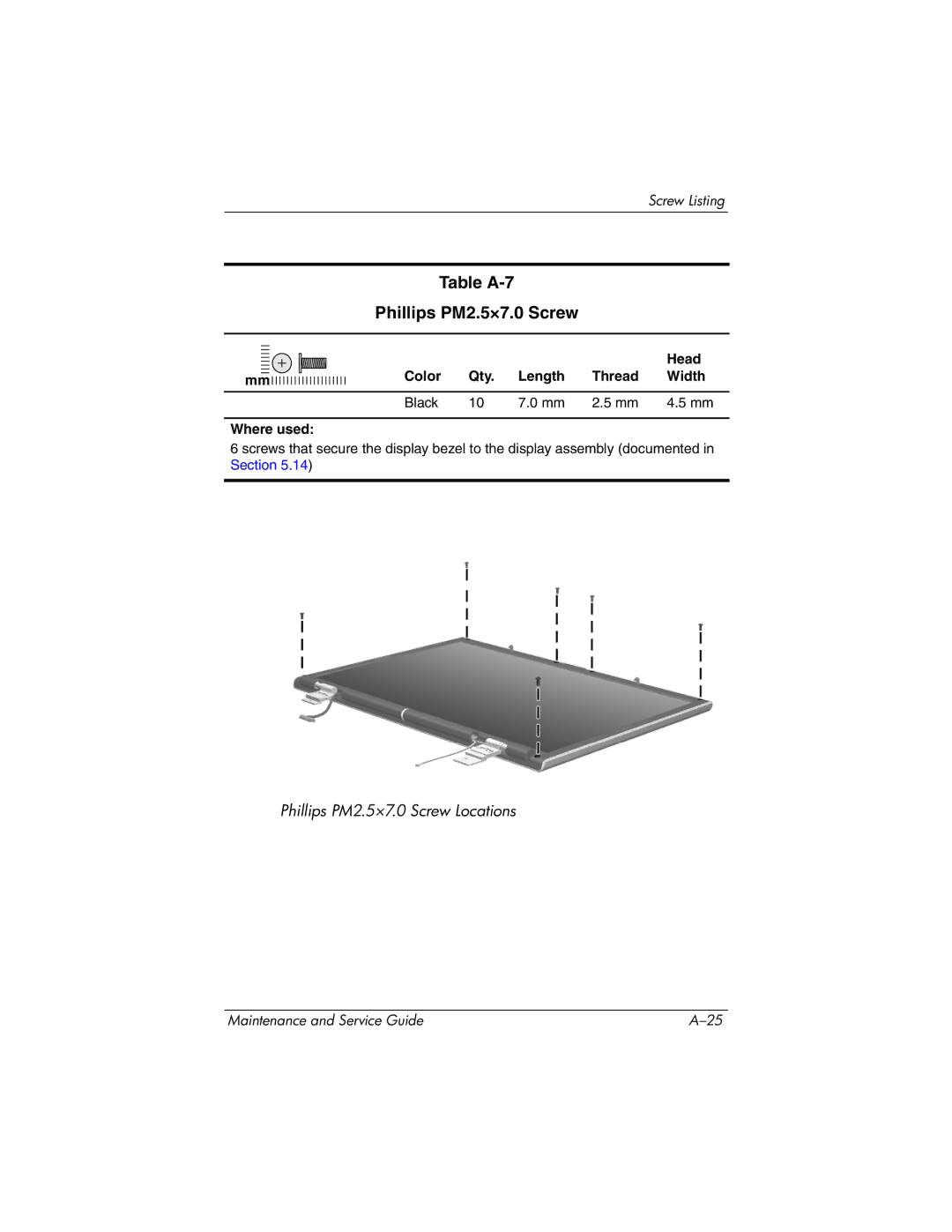 HP DV8200, DV8000 manual Table A-7 Phillips PM2.5×7.0 Screw 