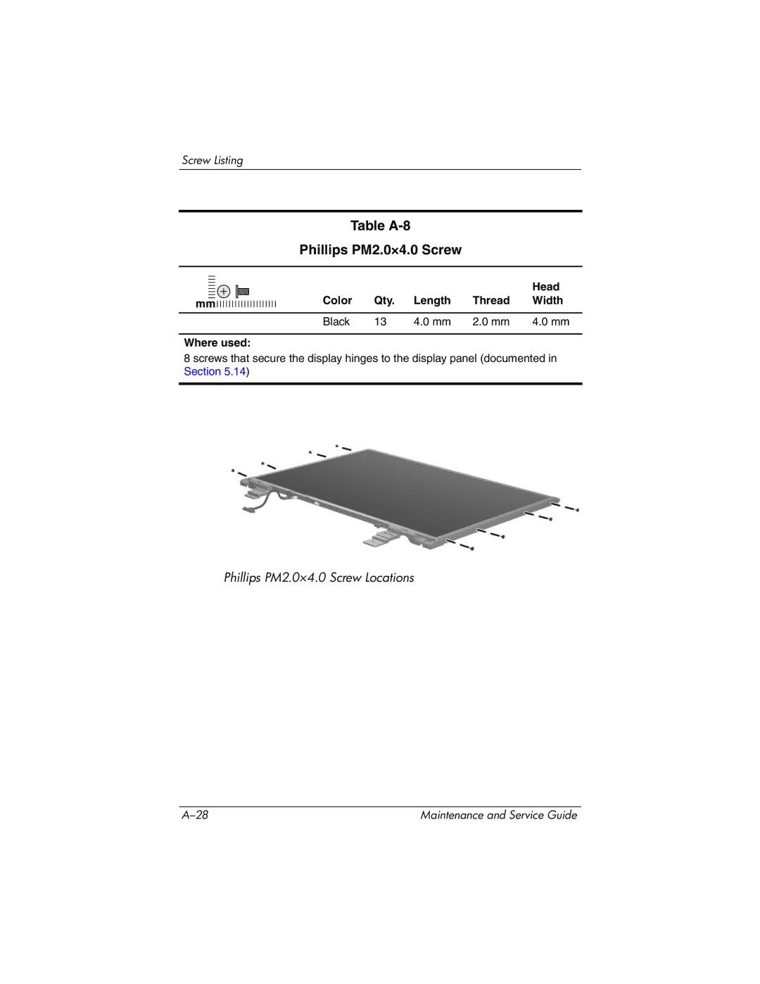 HP DV8000, DV8200 manual Table A-8 Phillips PM2.0×4.0 Screw 