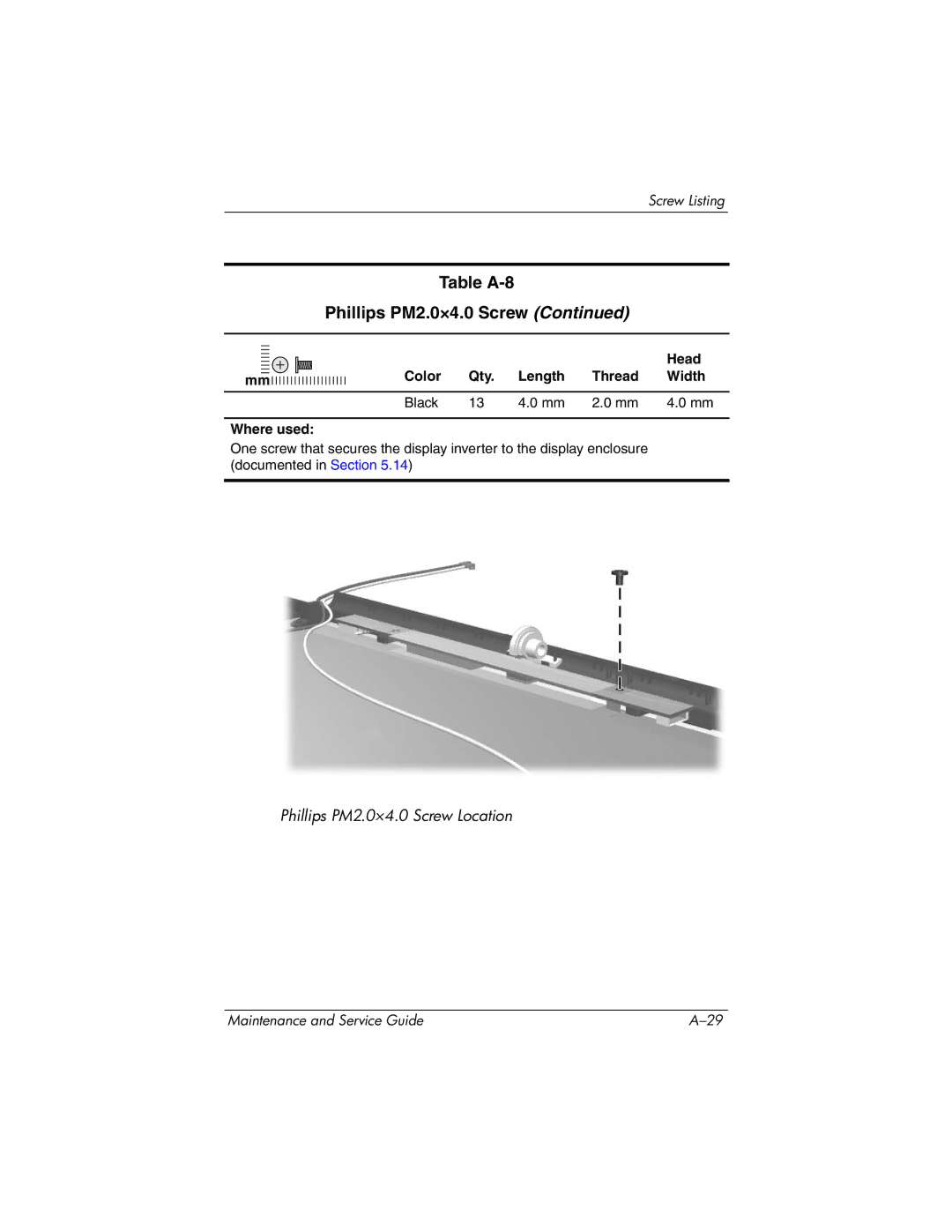 HP DV8200, DV8000 manual Phillips PM2.0×4.0 Screw Location 