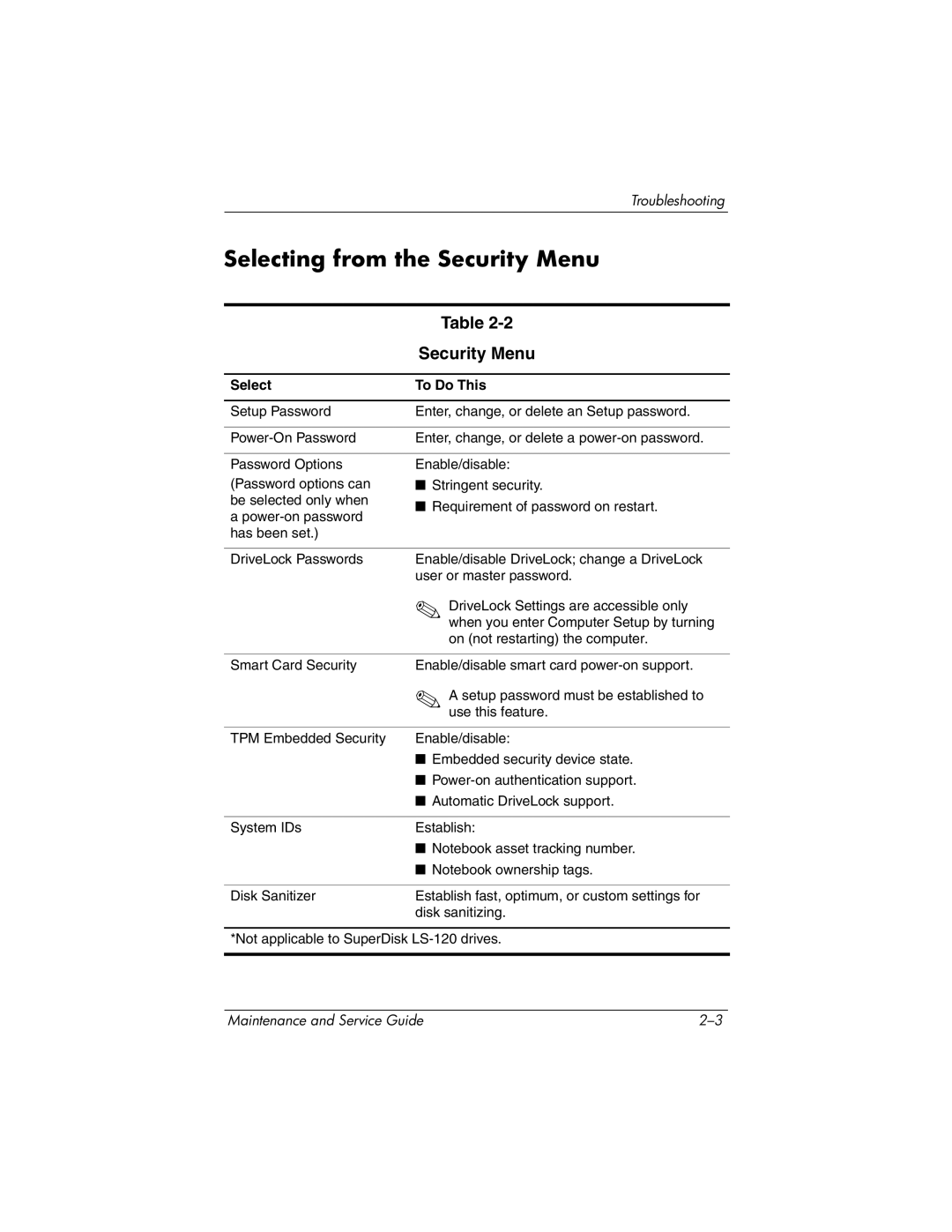 HP DV8200, DV8000 manual Selecting from the Security Menu 