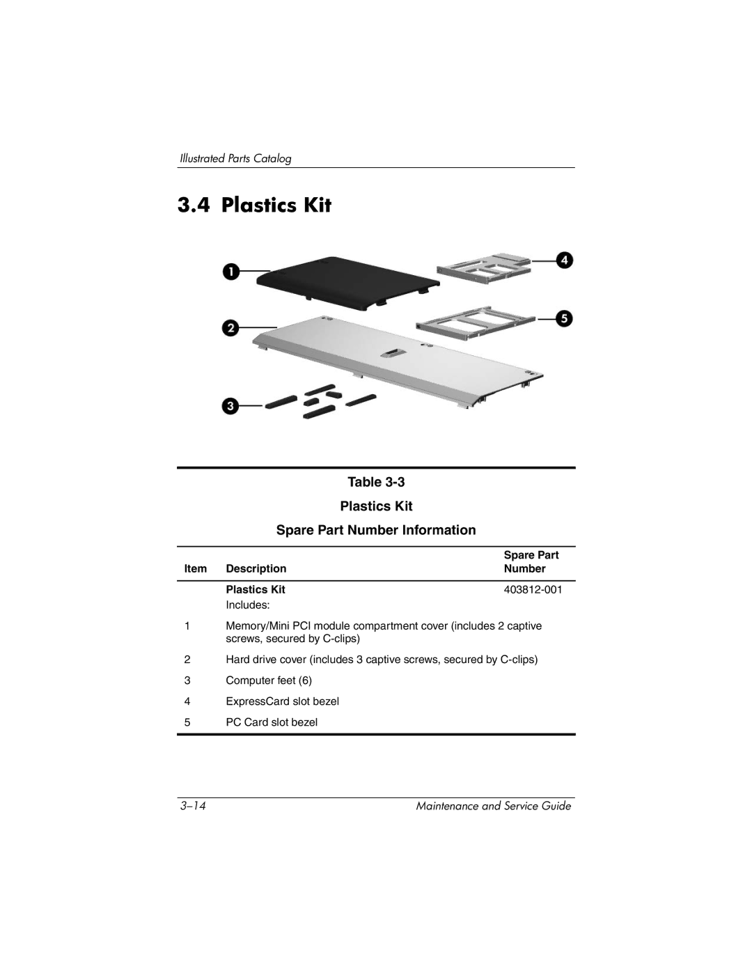 HP DV8000, DV8200 Plastics Kit Spare Part Number Information, Item Description Number Plastics Kit 403812-001 Includes 