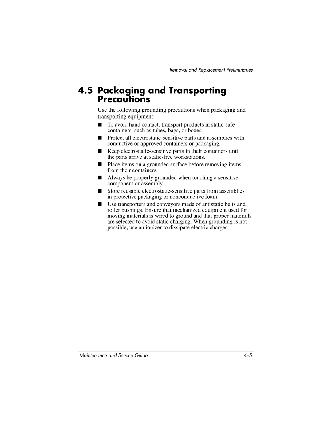 HP DV8200, DV8000 manual Packaging and Transporting Precautions 