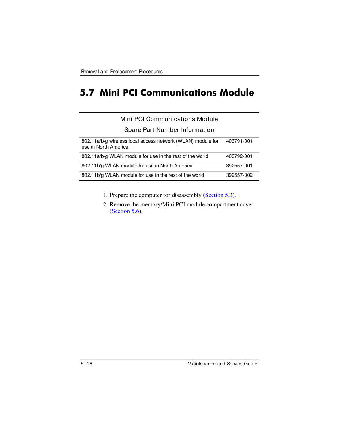 HP dv8000 H3Z14AA manual Mini PCI Communications Module Spare Part Number Information 