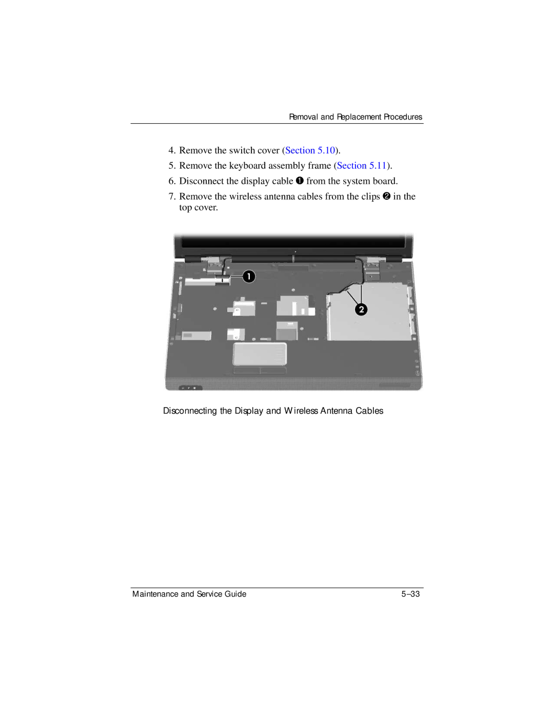 HP dv8000 H3Z14AA manual Disconnecting the Display and Wireless Antenna Cables 