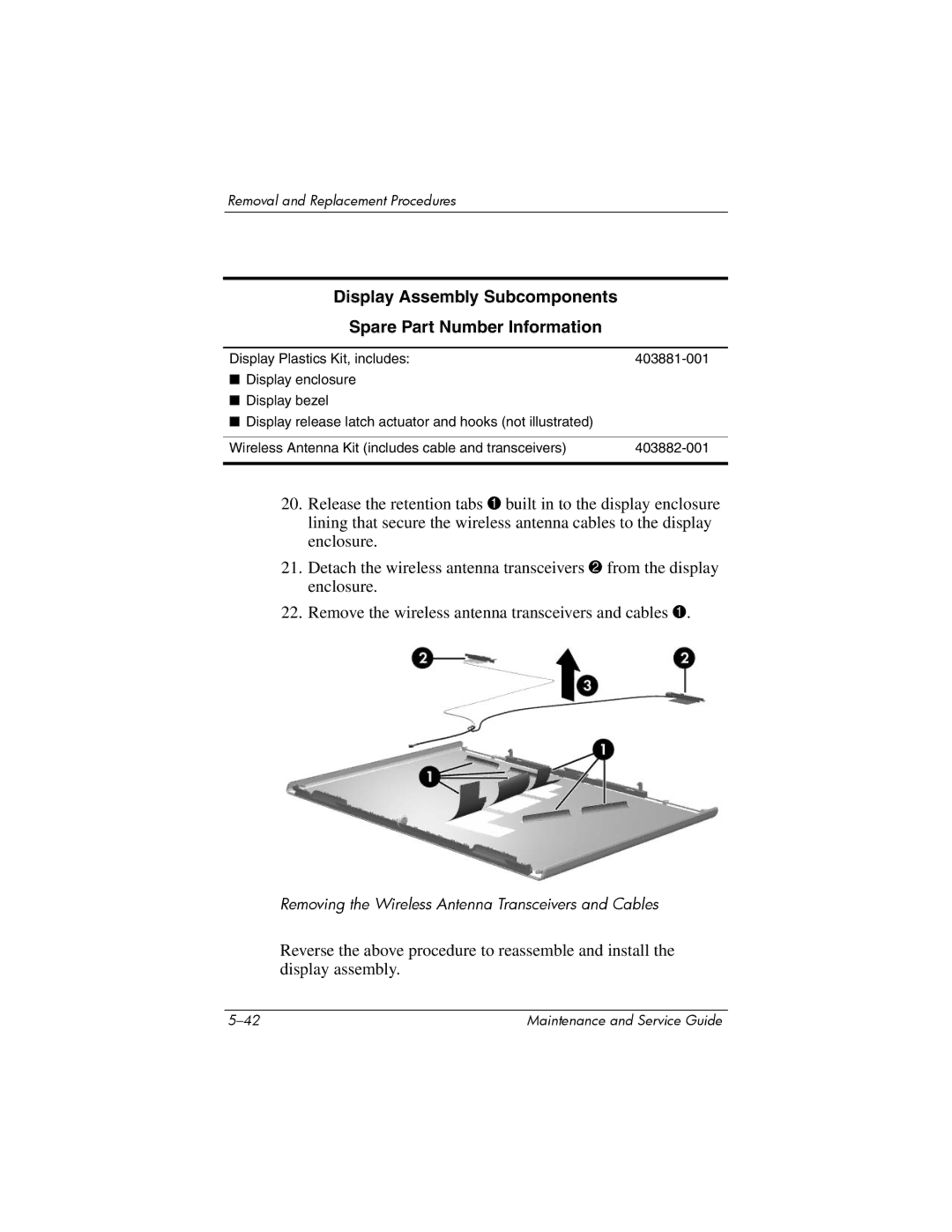 HP dv8000 H3Z14AA manual Removing the Wireless Antenna Transceivers and Cables 