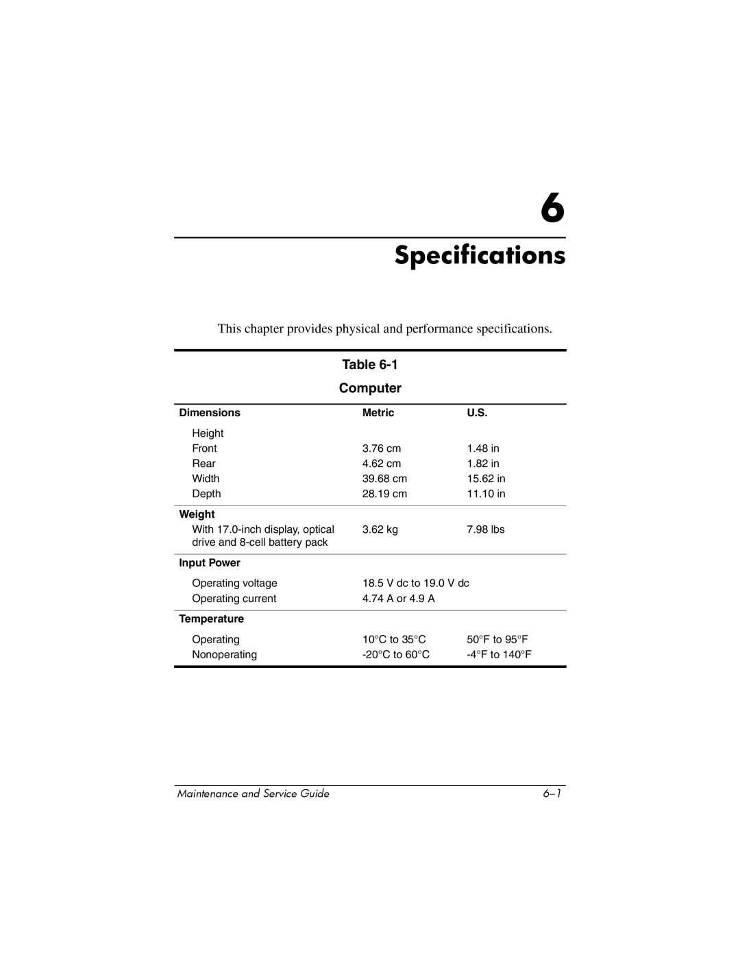 HP dv8000 H3Z14AA manual Computer, Dimensions Metric, Weight, Input Power, Temperature 