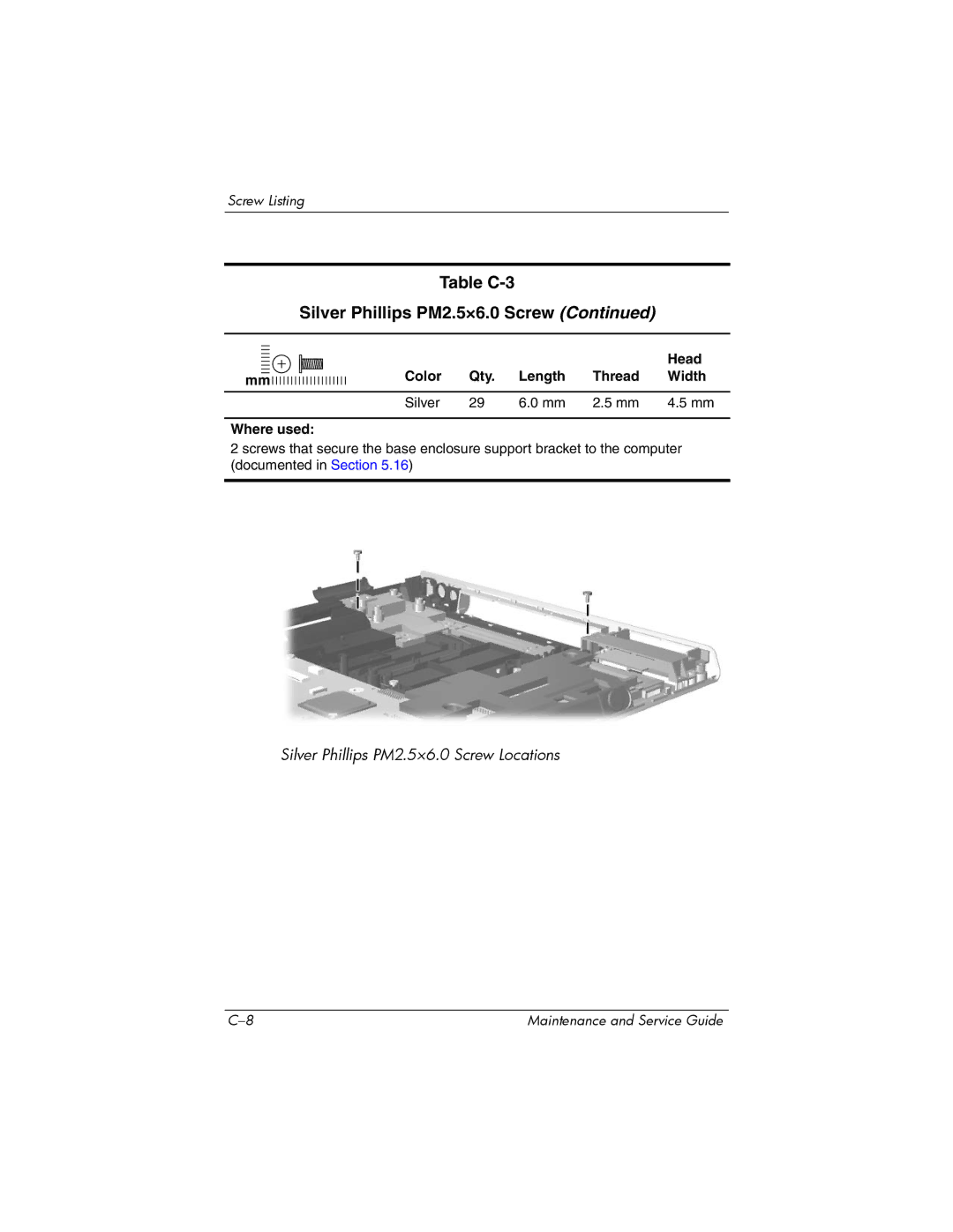 HP dv8000 H3Z14AA manual Table C-3 Silver Phillips PM2.5×6.0 Screw 