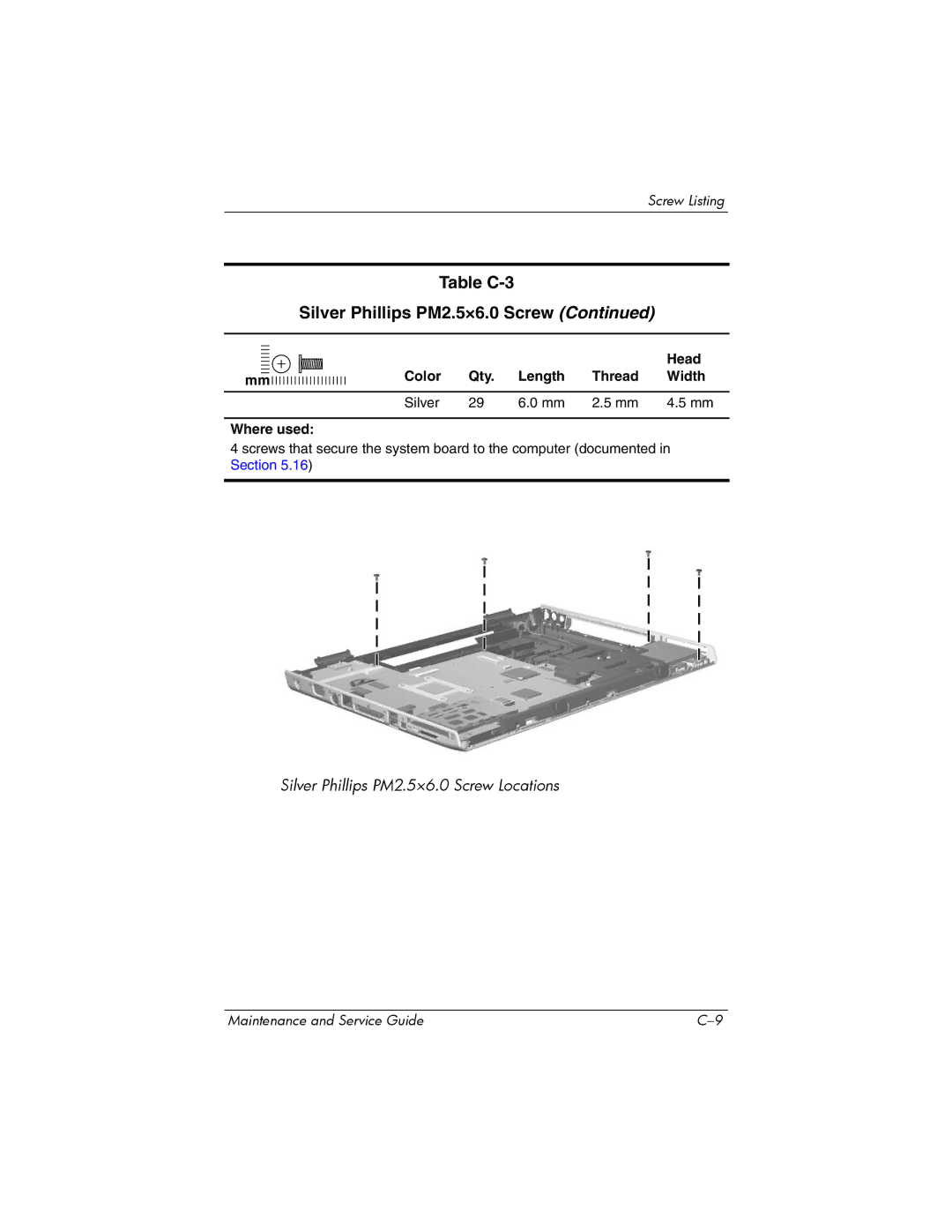 HP dv8000 H3Z14AA manual Table C-3 Silver Phillips PM2.5×6.0 Screw 